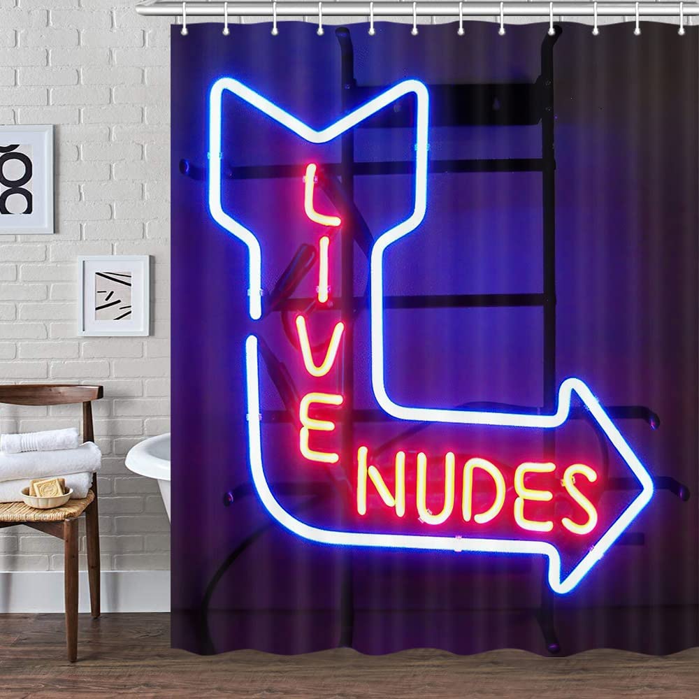 Unique Funny Shower Curtain For Bathroom, Fun Neon Signs Live Nudes Fabric Shower Curtains Set, Cool Design Restroom Decor Acces
