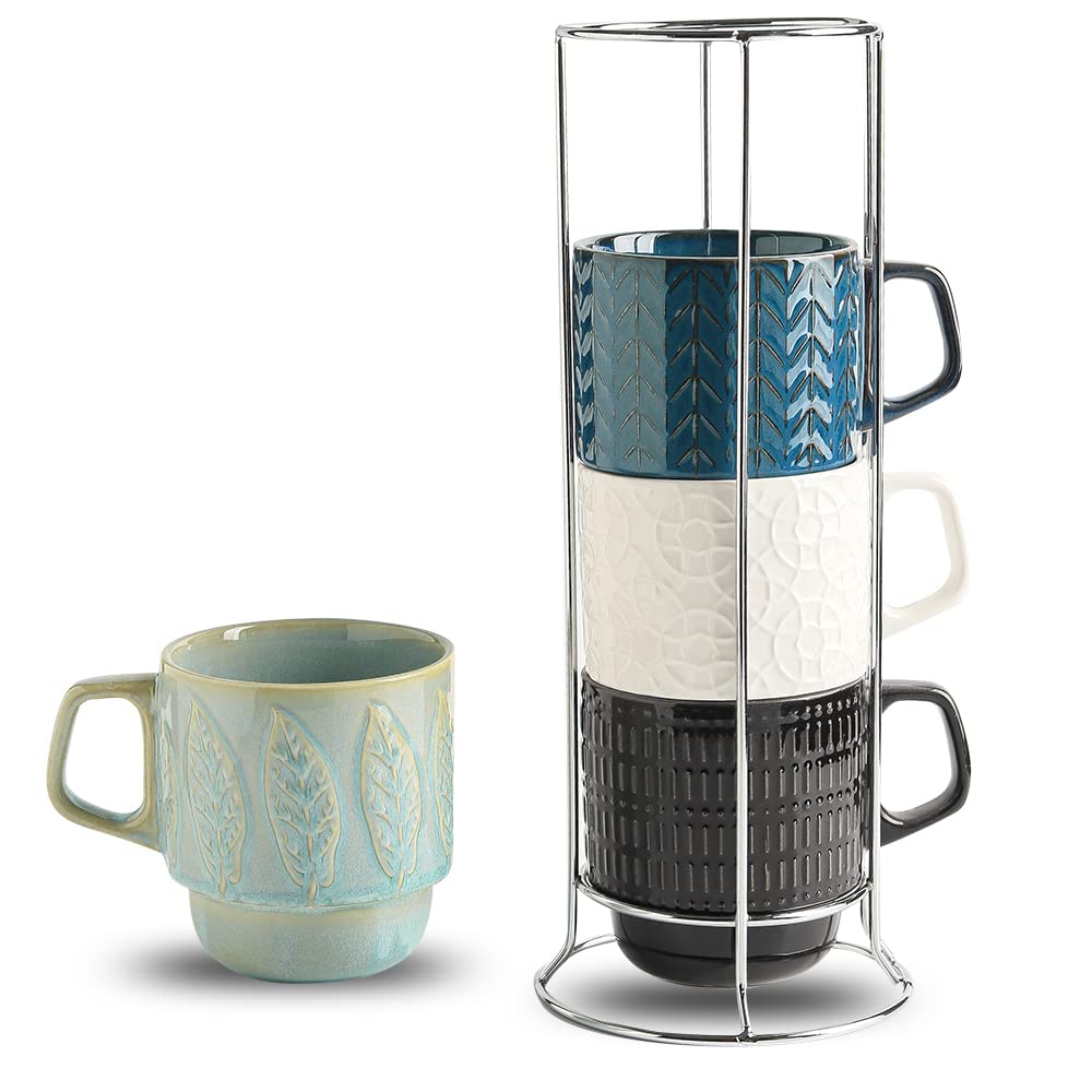 Koov Ceramic Coffee Mug Set With Stand, 16 Oz Coffee Mug For Coffee, Tea, Cocoa, Stackable Ceramic Coffee Cup Set Of 4, Large Co