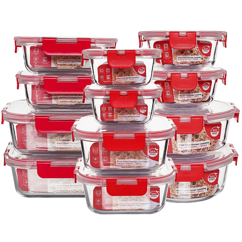 QOWOEO 12 Pack Glass Storage Containers Transparent, Stackable Design Meal Prep Containers for Food Storage, Home, Kitchen & Pan