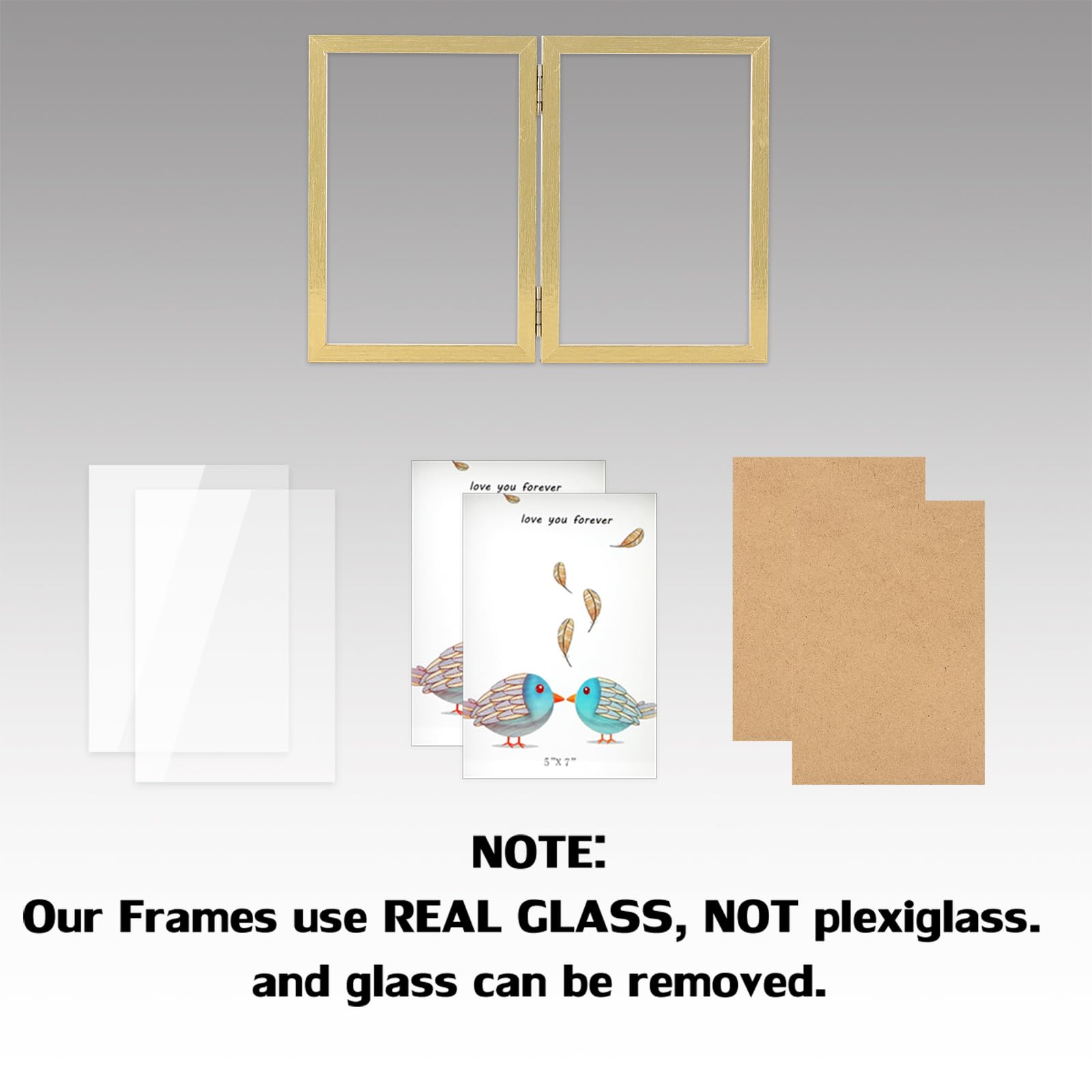 WUTL 5x7 Picture Frames Double Hinged MDF Golden with Glass Front Stand Vertical on Tabletop