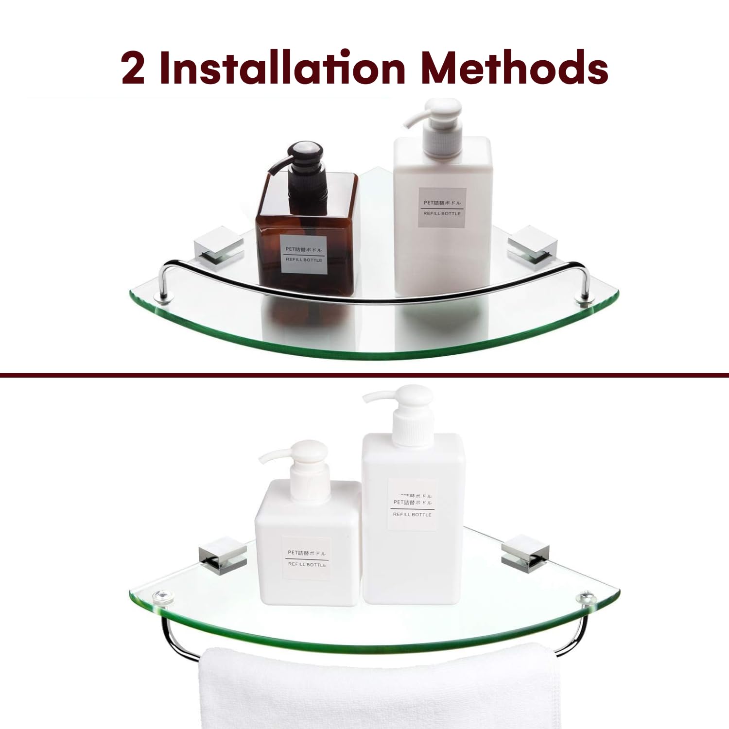 Vdomus Glass Corner Shelf For Bathroom, Tempered Glass Shelf With Rail, Stainless Steel Wall Mounted Corner Shower Shelf, Glass