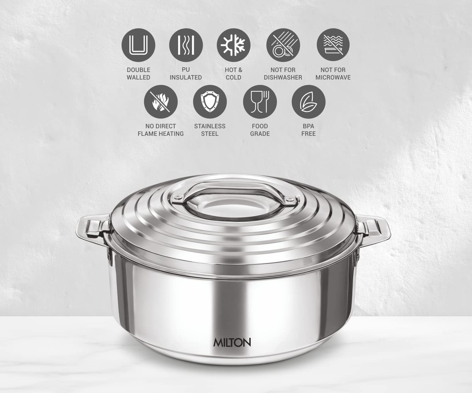 Milton Casserole For Hot Food, Insulated Stainless Steel Hot Pot With Lid, 84 Oz (2500 Ml) 2.6 Qt, Serving Box (Bowl, Dish) For
