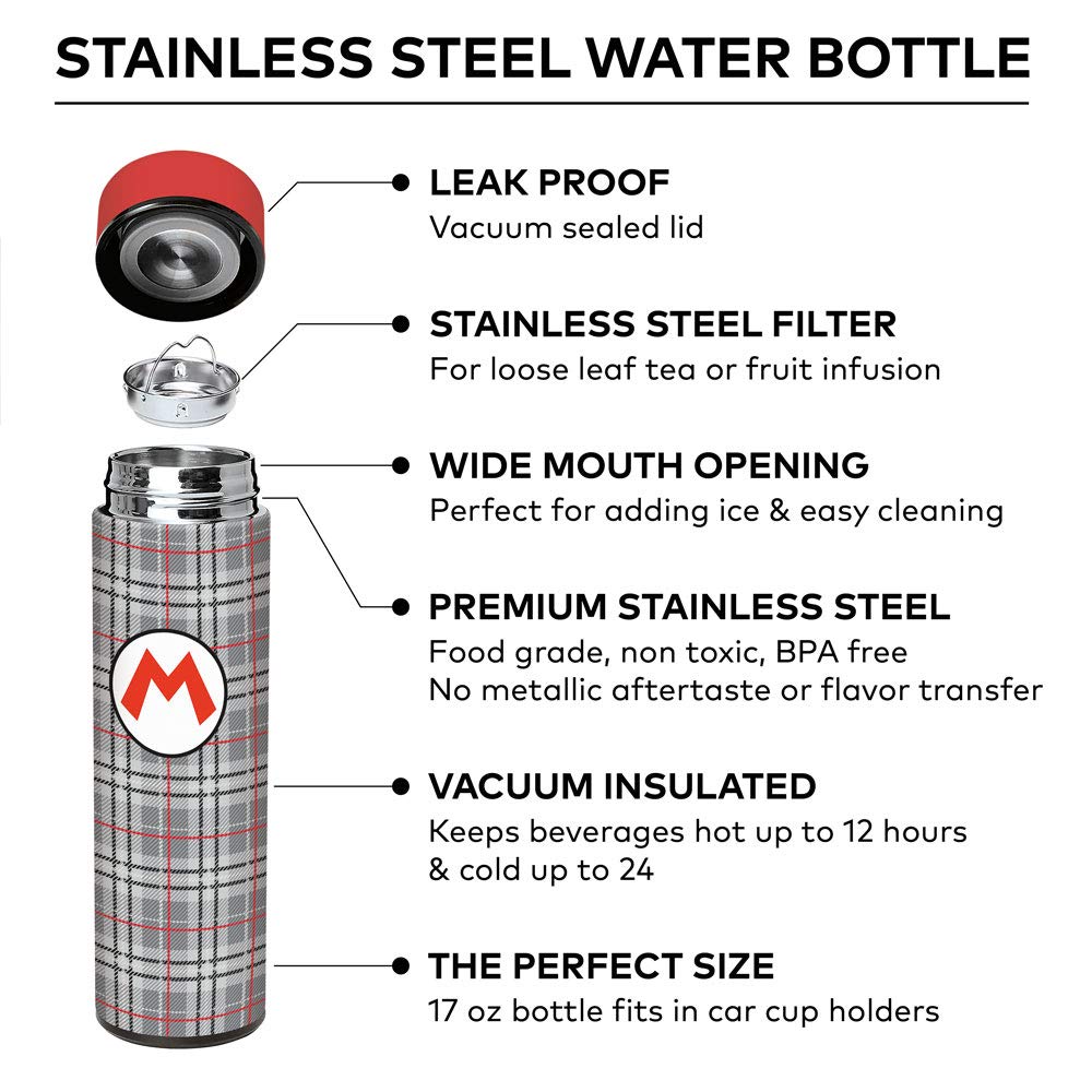 Super Mario, Mario Plaid, Vacuum Insulated Stainless Steel Sport Water Bottle, Leak Proof, Wide Mouth, 17 Oz, 500 Ml