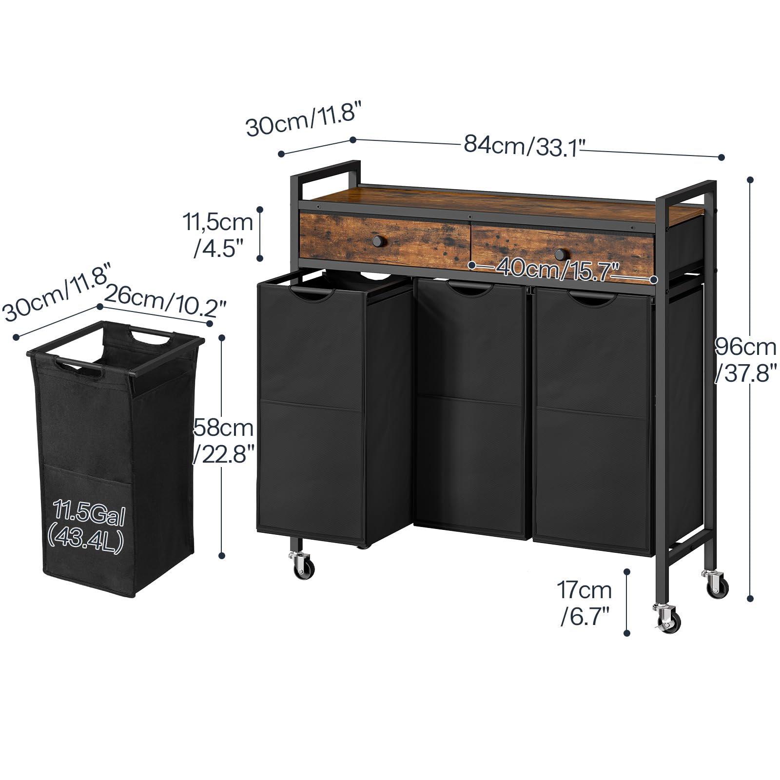 Hoobro Laundry Sorter 3 Section, 130L Laundry Hamper With 2 Drawers, Rolling Laundry Basket, Pull-Out And Removable Laundry Bags