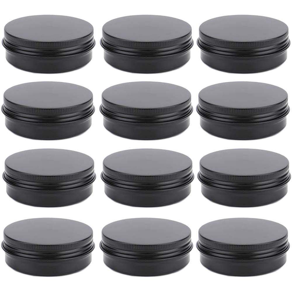 12 Pack 2 Oz Aluminum Tin Jar 60 Ml Round Refillable Containers,Black Aluminum Cosmetic Sample Containers With Screw Lid For Spi