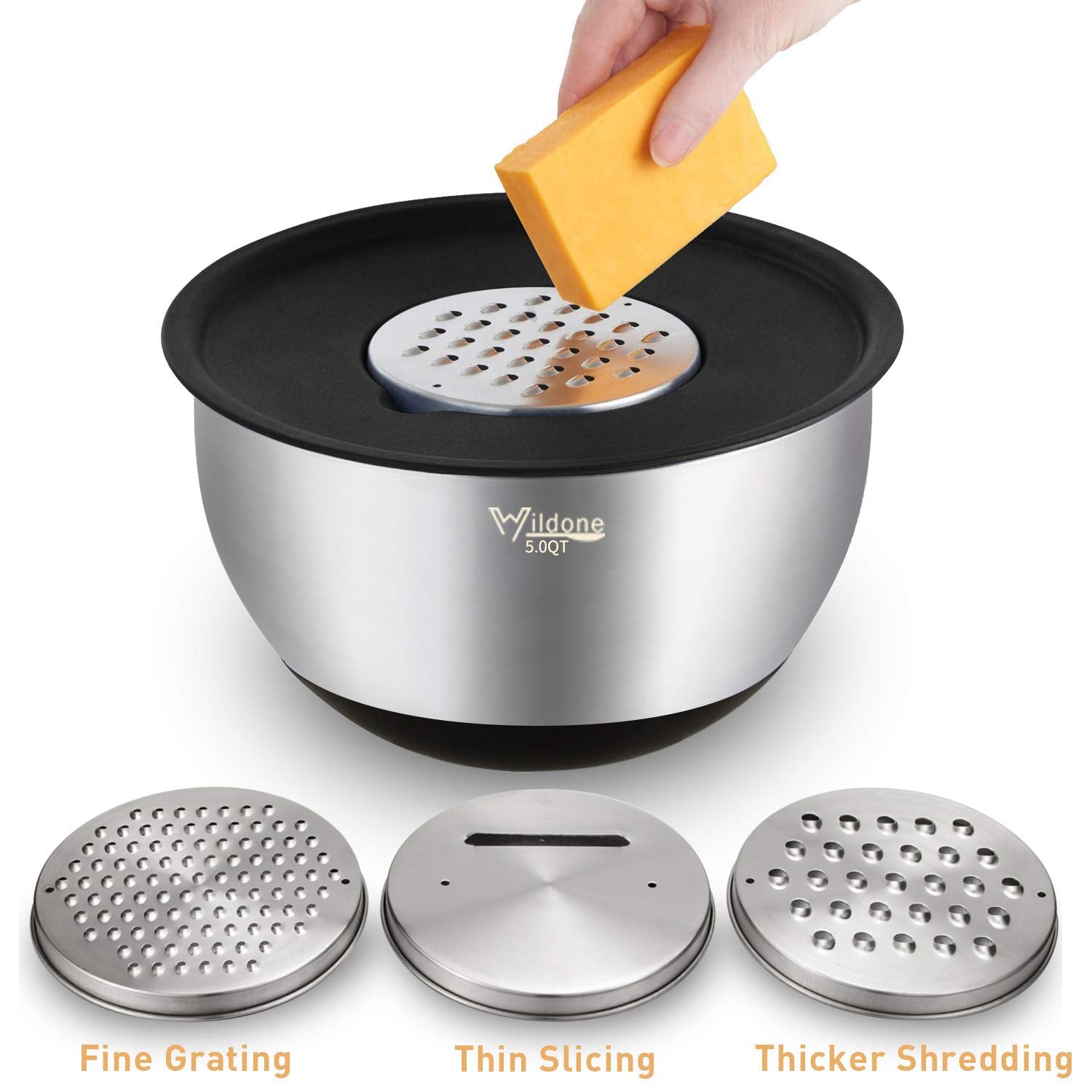 Wildone Stainless Steel Mixing Bowls Set, 5PCS with Airtight Lids & Grater Attachments, Nesting Bowls for Kitchen, Black, Model ZH06