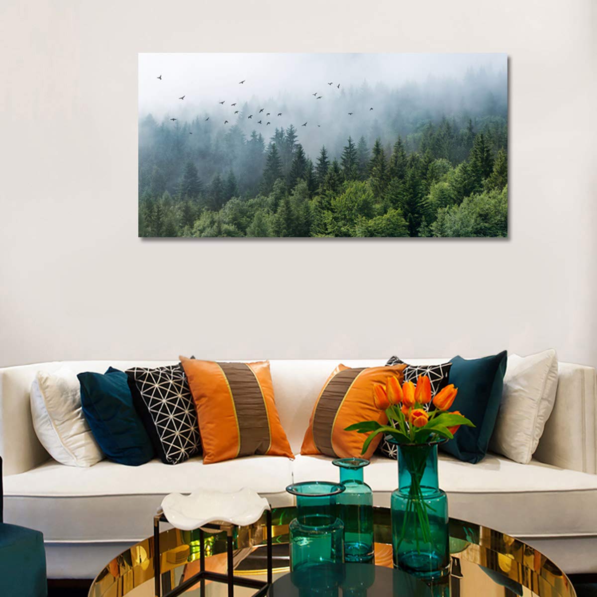 Green Forest Wall Art Tropical Forest Mountain Bird Contemporary Canvas Pictures Modern Artwork Framed For Bathroom Bedroom Nurs