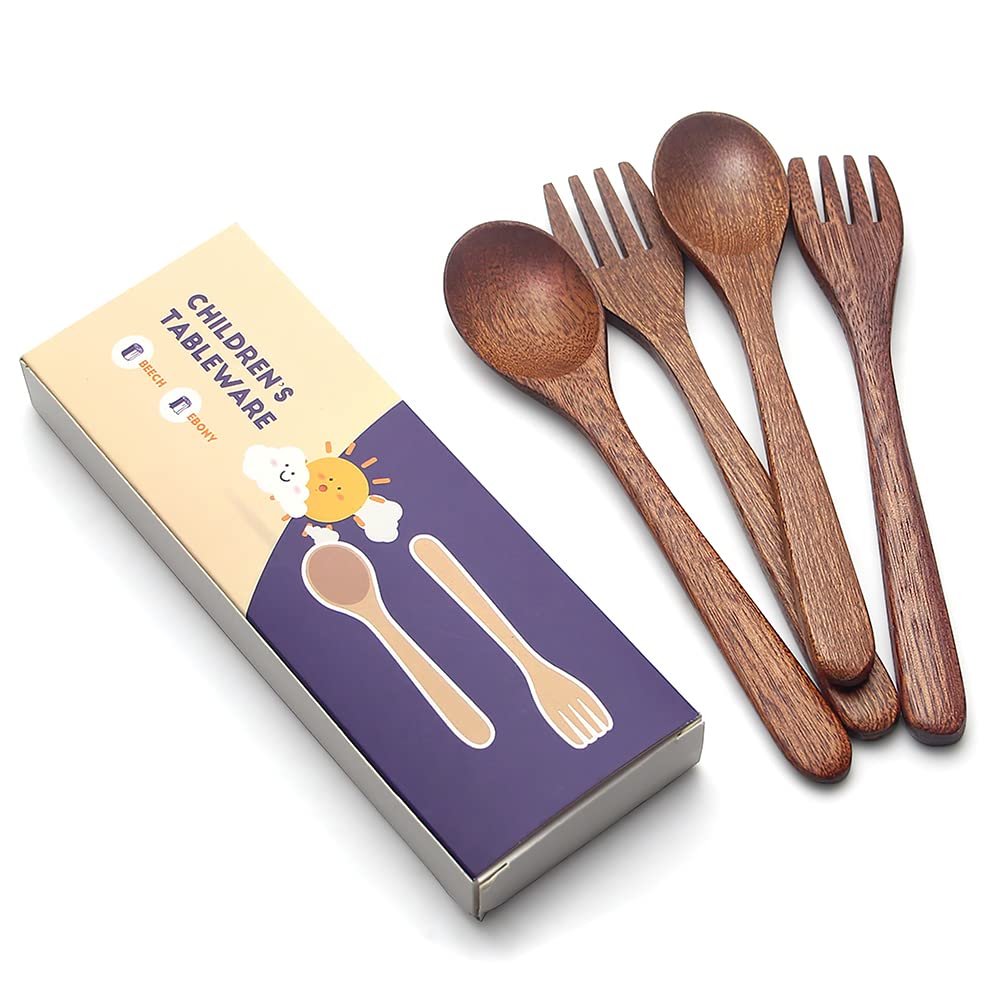 YFWOOD 4-Pieces Natural Wooden Kids Utensils Set, Child Forks and Spoons, Toddler Safe Flatware Hand polishing Anti-slip Portabl
