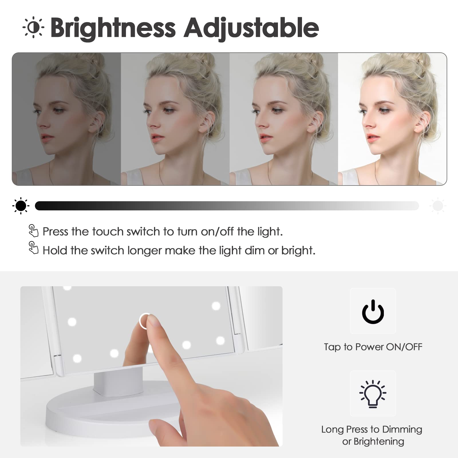 Dencert Makeup Mirror Vanity Mirror With Lights 1X 2X 3X 10X Magnification, Lighted Makeup Mirror, Touch Control, Tri-Fold Porta