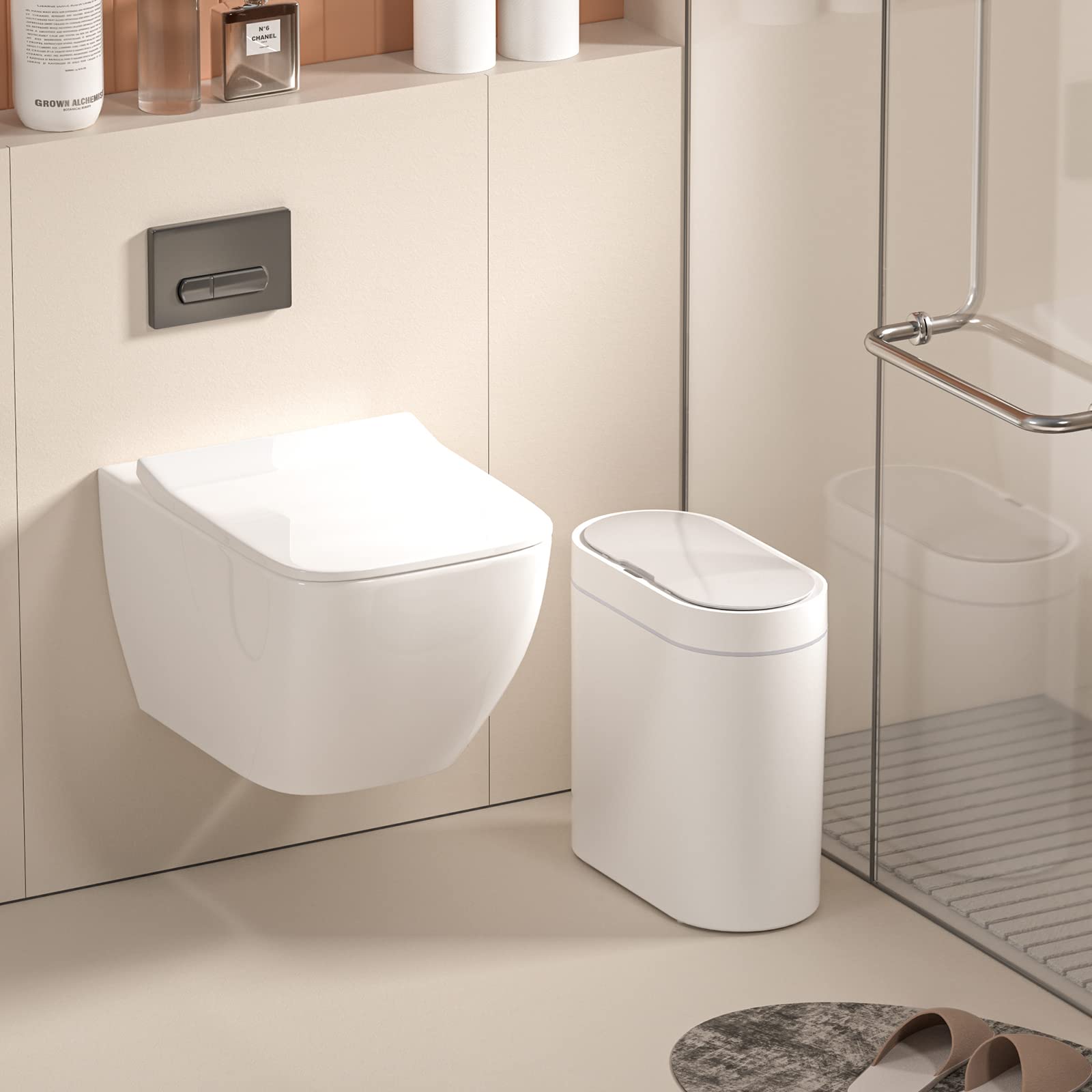 ELPHEcO Bathroom Trash can  25 gallon Waterproof Motion Sensor Small Trash can with Lids  95 Liters Slim Plastic Narrow Automatic Bedroom Trash can Office Trash can  White
