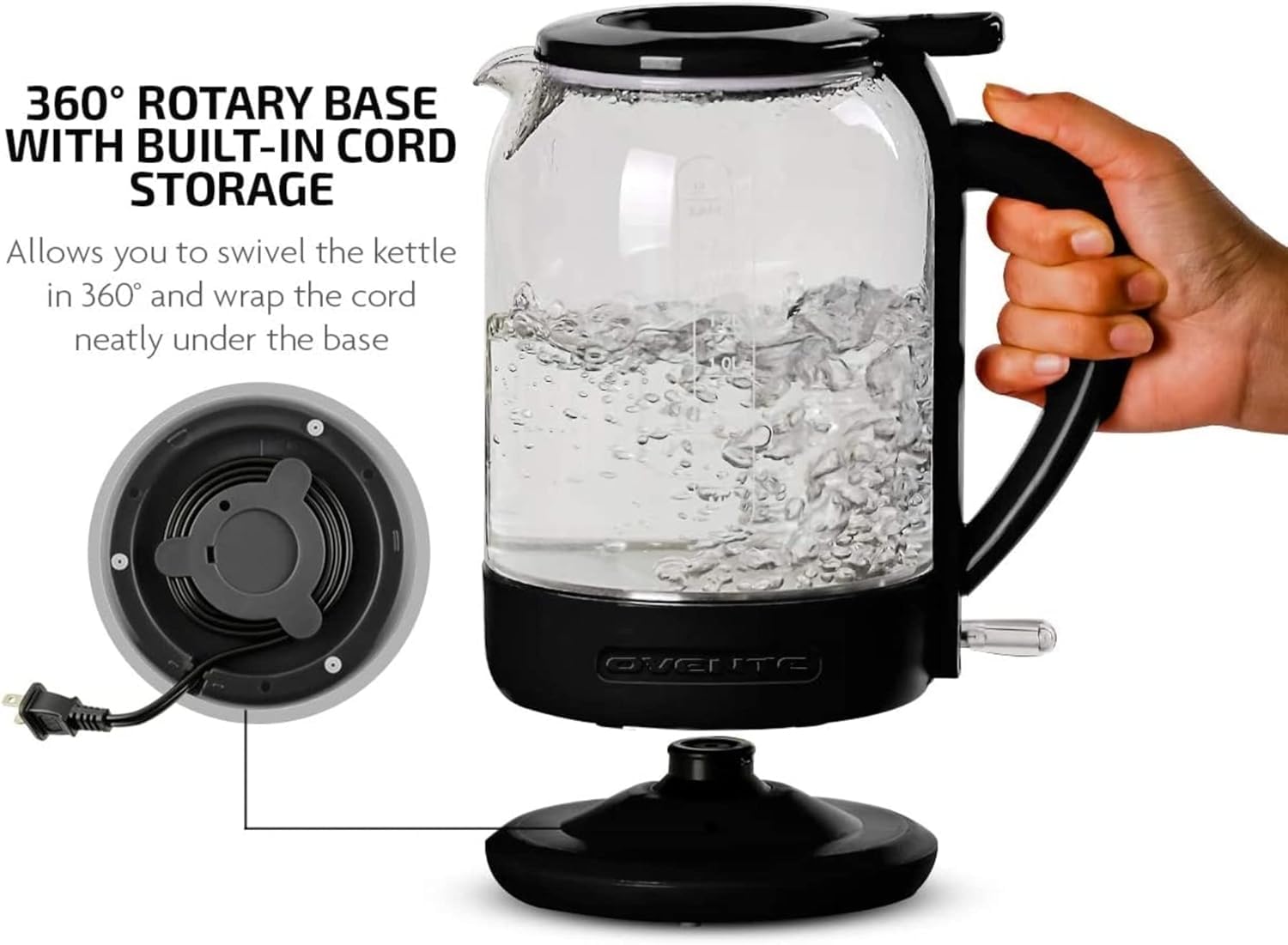 Ovente Electric Glass Kettle 1.5 Liter 1500W Instant Hot Water Boiler Heater With Prontofill Tech, Boil-Dry Protection, Automati