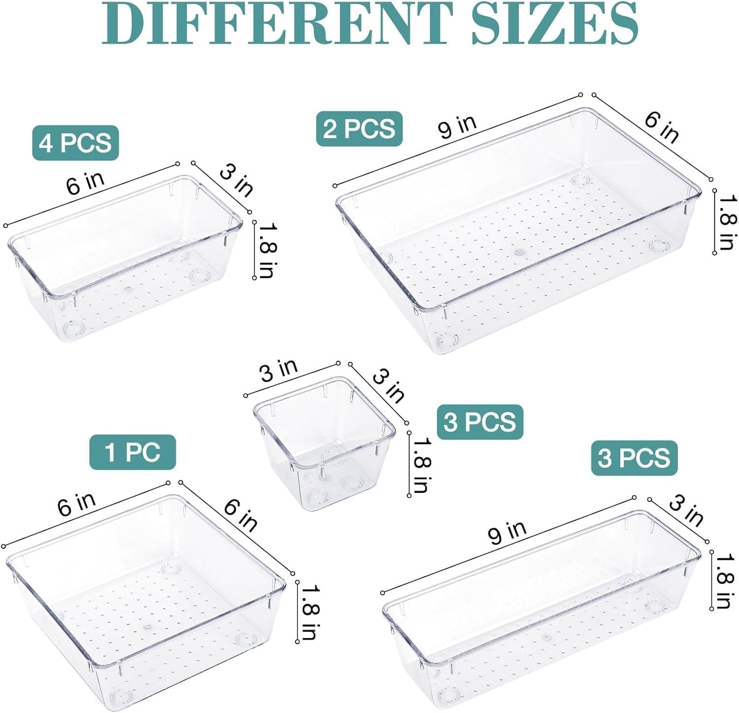 WOWBOX 13 PCS Clear Plastic Drawer Organizer Set, 5 Sizes Desk Drawer Divider Organizers and Storage Bins for Makeup, Jewelry, G