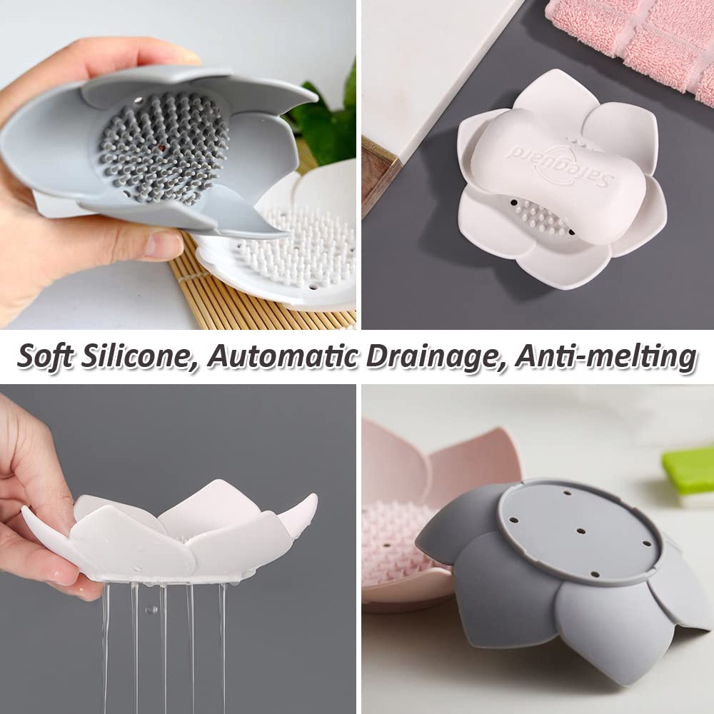 Leuapl Silicone Soap Dishes - 2 Pack, White & Grey, Draining Design for Shower, Sink & Bathtub