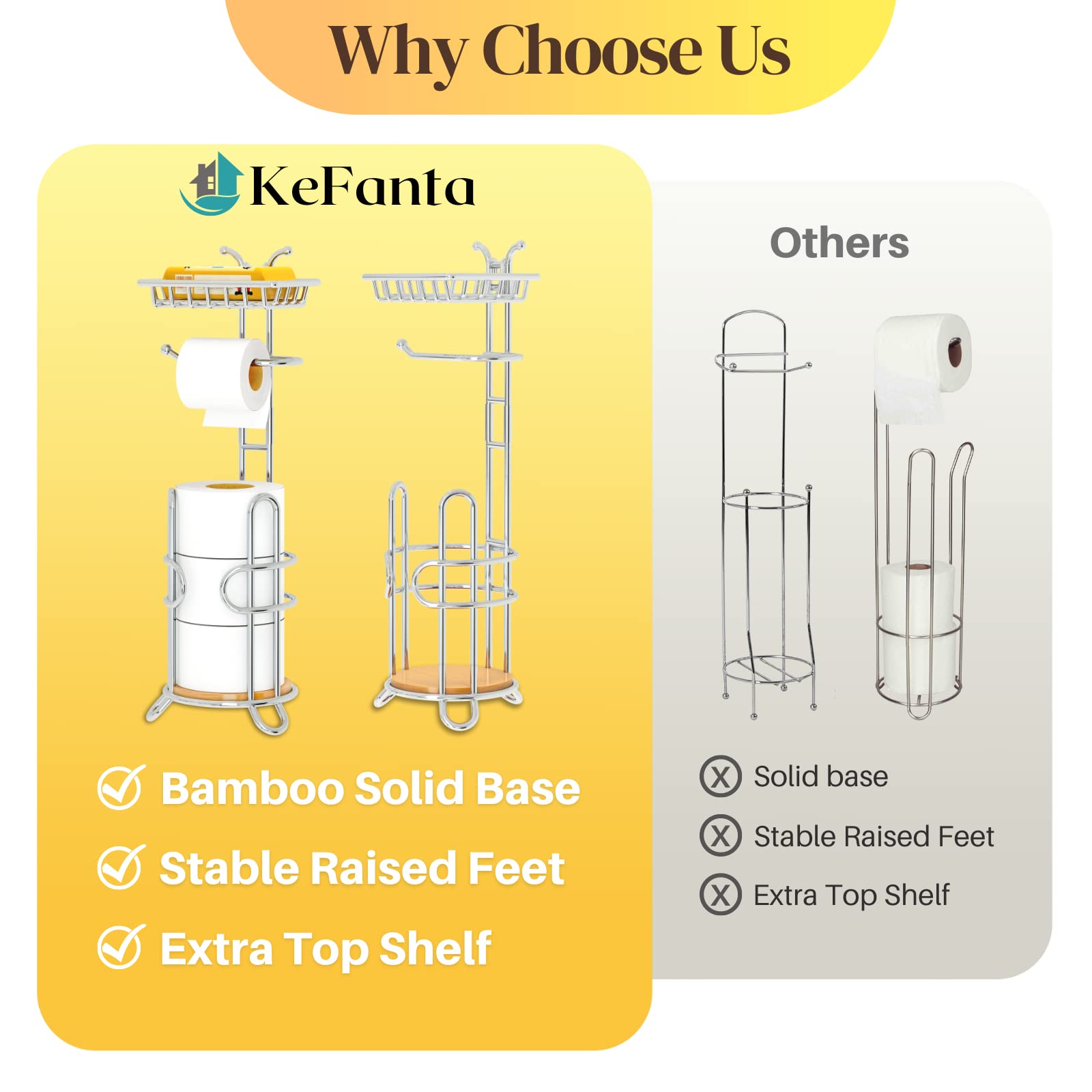 KeFanta Toilet Paper Holder Stand with Shelf, Chrome & Bamboo, 23.6"x6.3"x6.3", Free Standing Tissue Holder for Bathroom