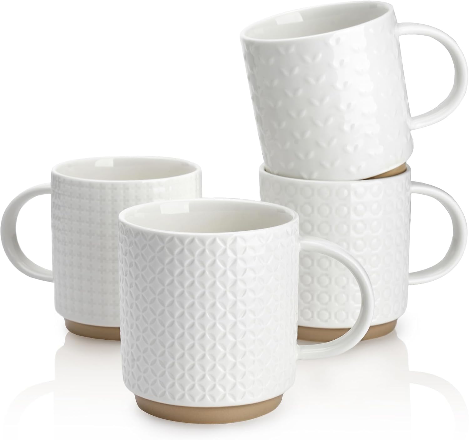 Sweese Stackable Coffee Mugs Set of 4, 10 oz Porcelain Coffee Cups with Embossed Design, White Cappuccino Cups for Coffee, Latte