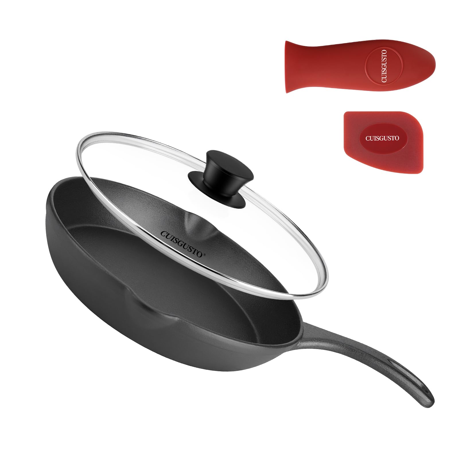 CUISGUSTO 8 Inch Cast Iron Skillet with Glass Lid, PreSeasoned Frying Pan