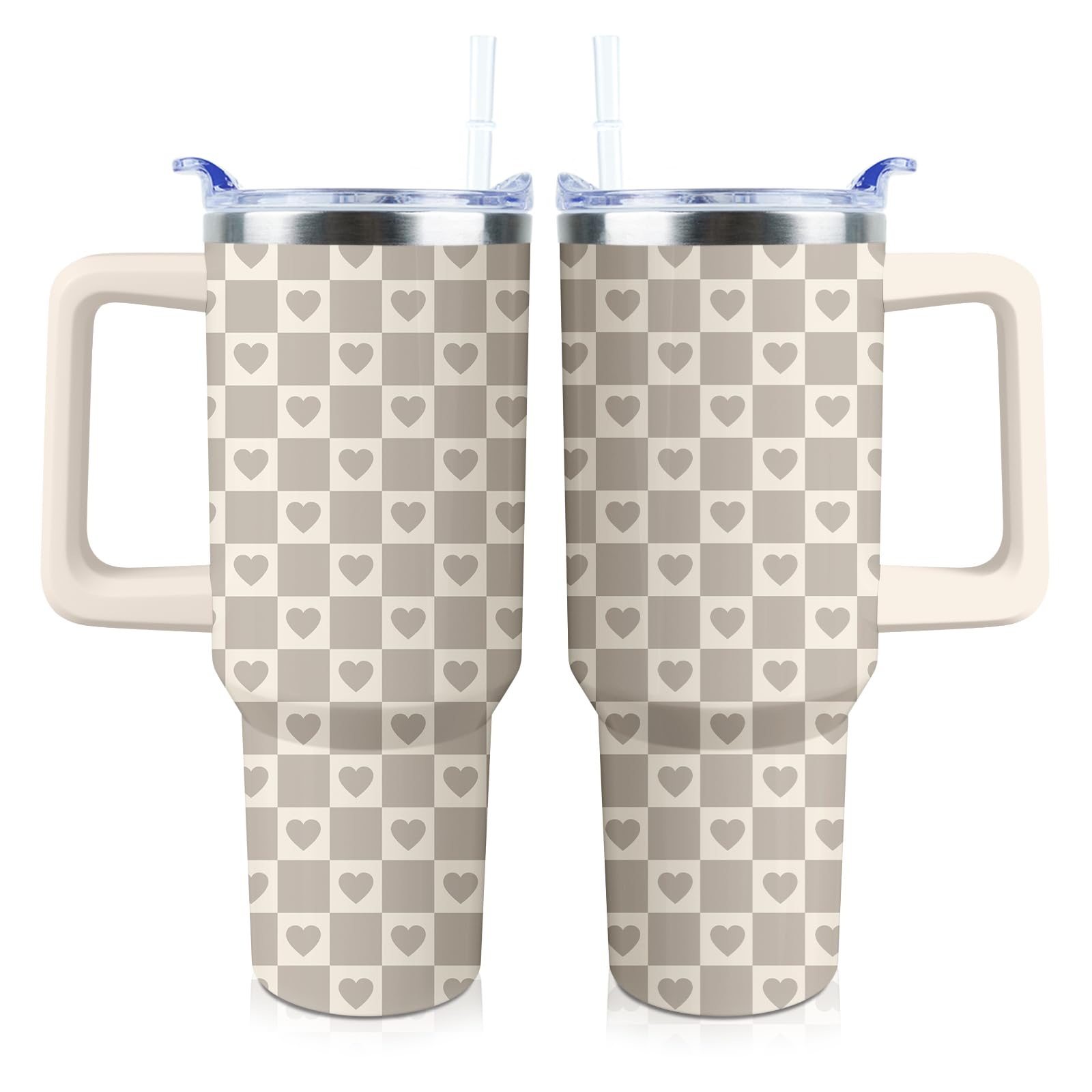 Checkered Heart Tumbler 40 oz Tumbler with Handle and Straw Lid Leak Proof - Checkered Heart Coffee Travel Mug with Handle Insul