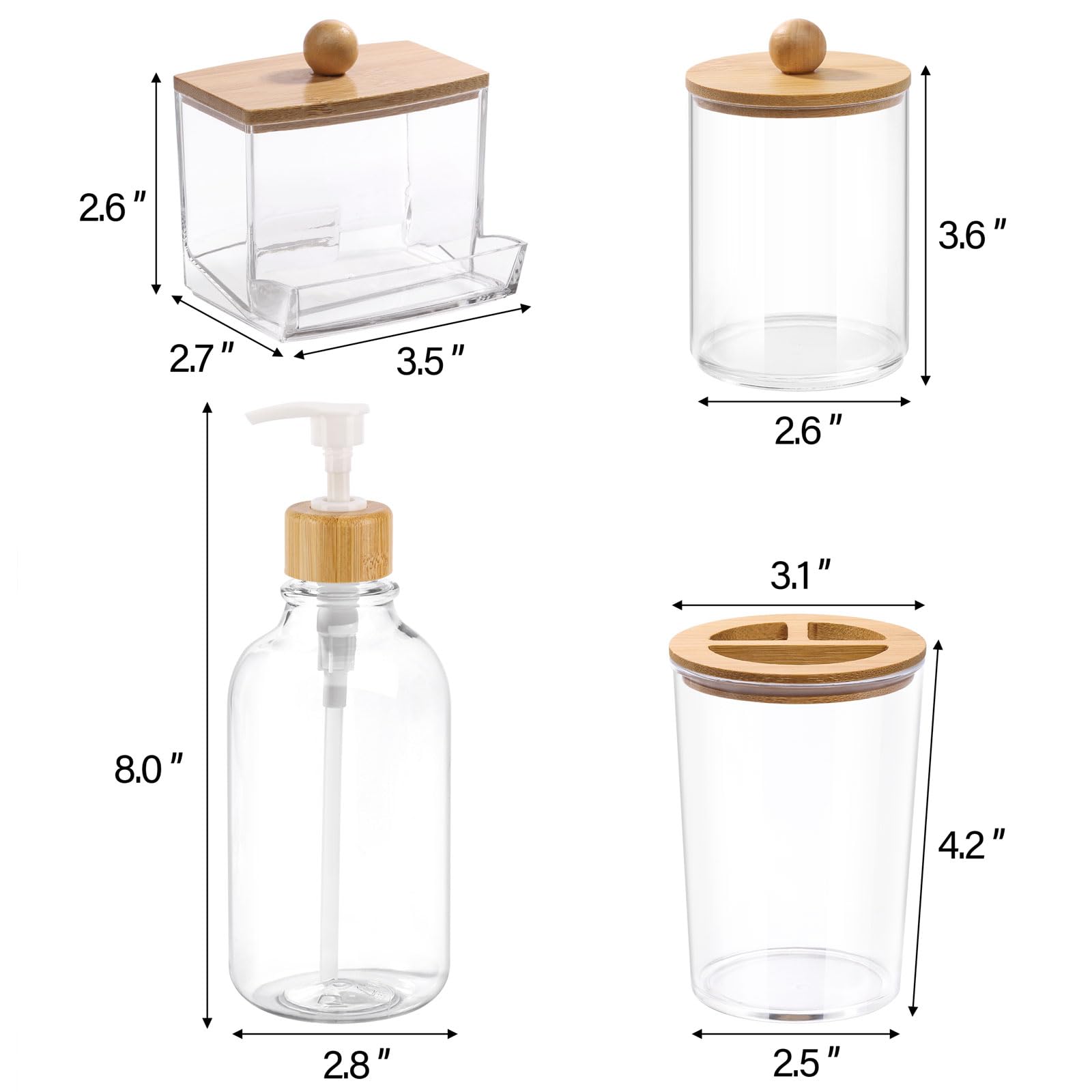Tbestmax Bamboo Bathroom Accessories Set 4 Pcs - Clear Toothbrush Holder Plastic Soap Dispenser And 2 Qtip Holder Cotton Swab/Pa