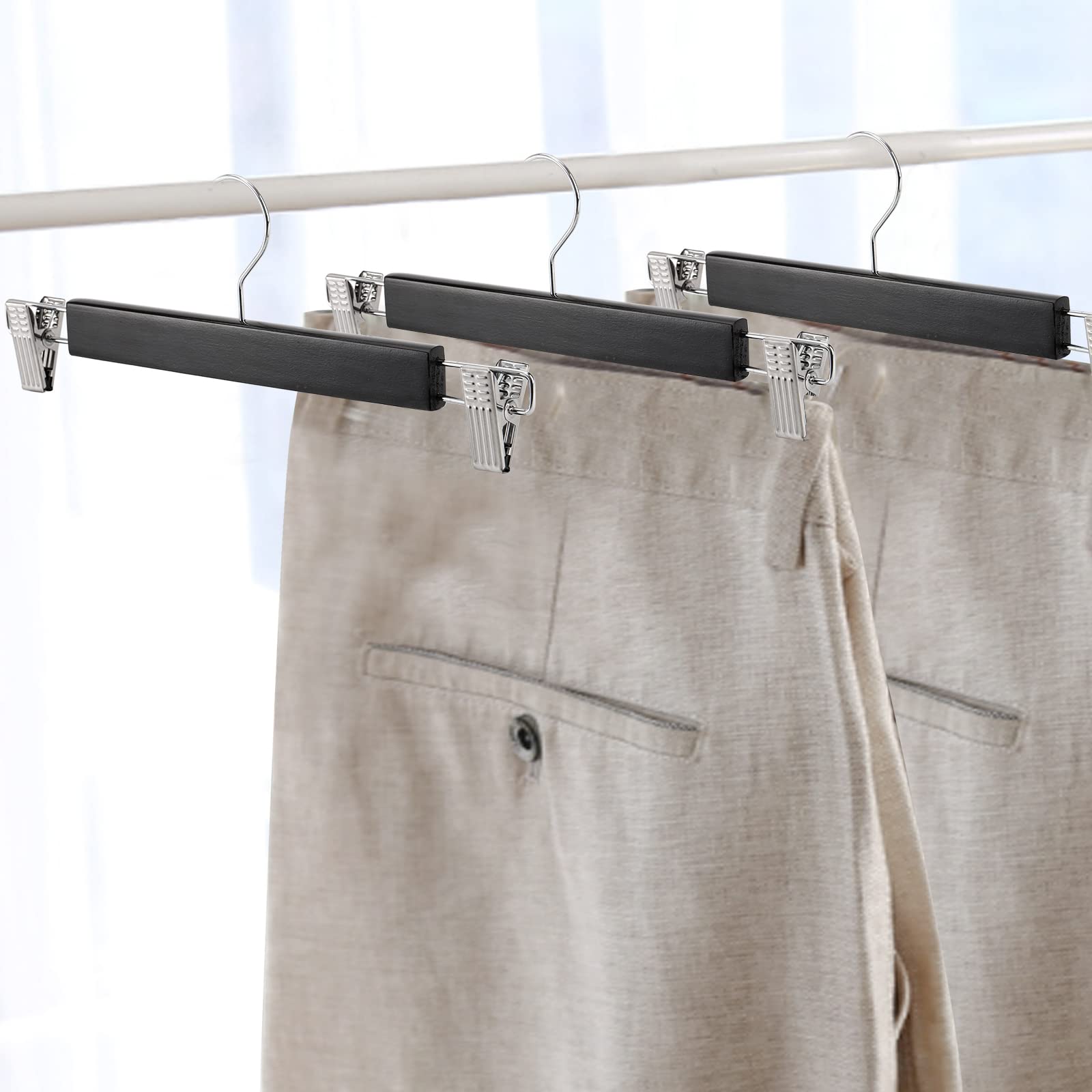 Tosnail 15 Pack 14-Inches Natural Wooden Hangers Skirt Pants Clothes Hangers With Clips Jeans Hangers - Black