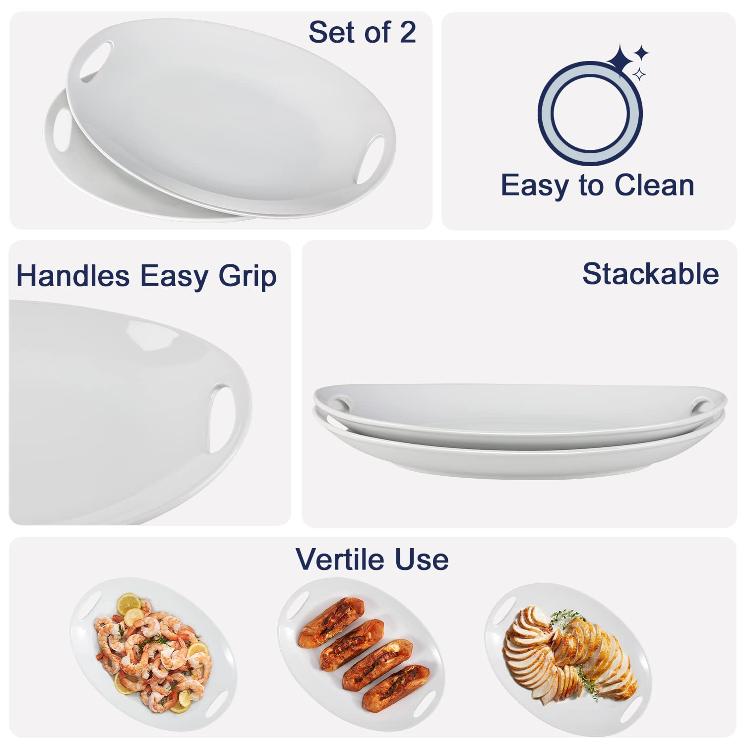 Buyajuju Porcelain Serving Platter With Handles, 14'' Serving Dishes For Entertaining, Oval Serving Tray For Salad, Stew, Fruits