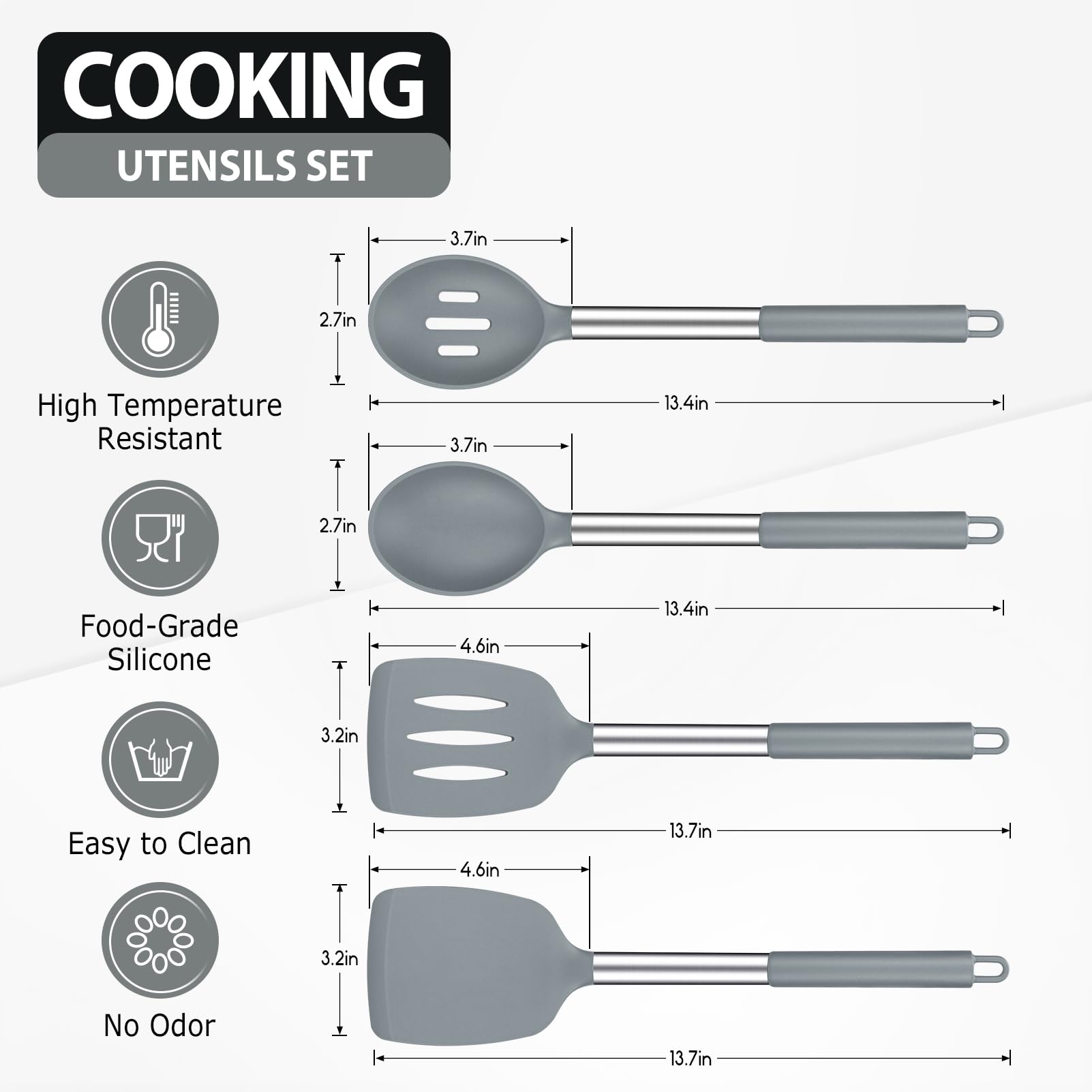 Pack Of 4 Large Silicone Cooking Spatulas And Spoons, Slotted And Solid Stainless Steel Cooking Utensils Set, Non-Stick Heat Res