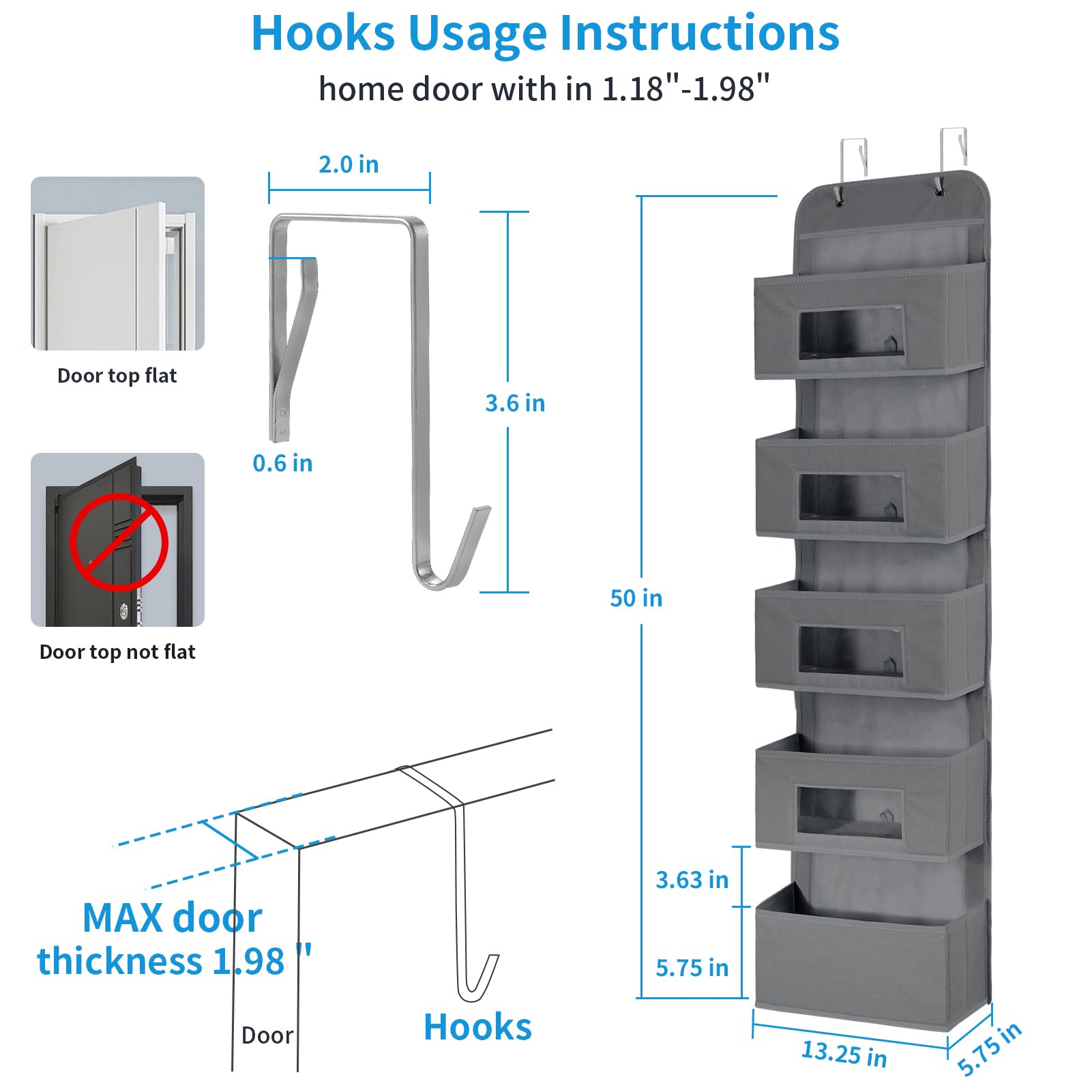 5-Shelf Over The Door Hanging Organizer With 2 Metal Hooks,5 Pocket Over The Door Wall Mount Storage With Clear Windows For Baby