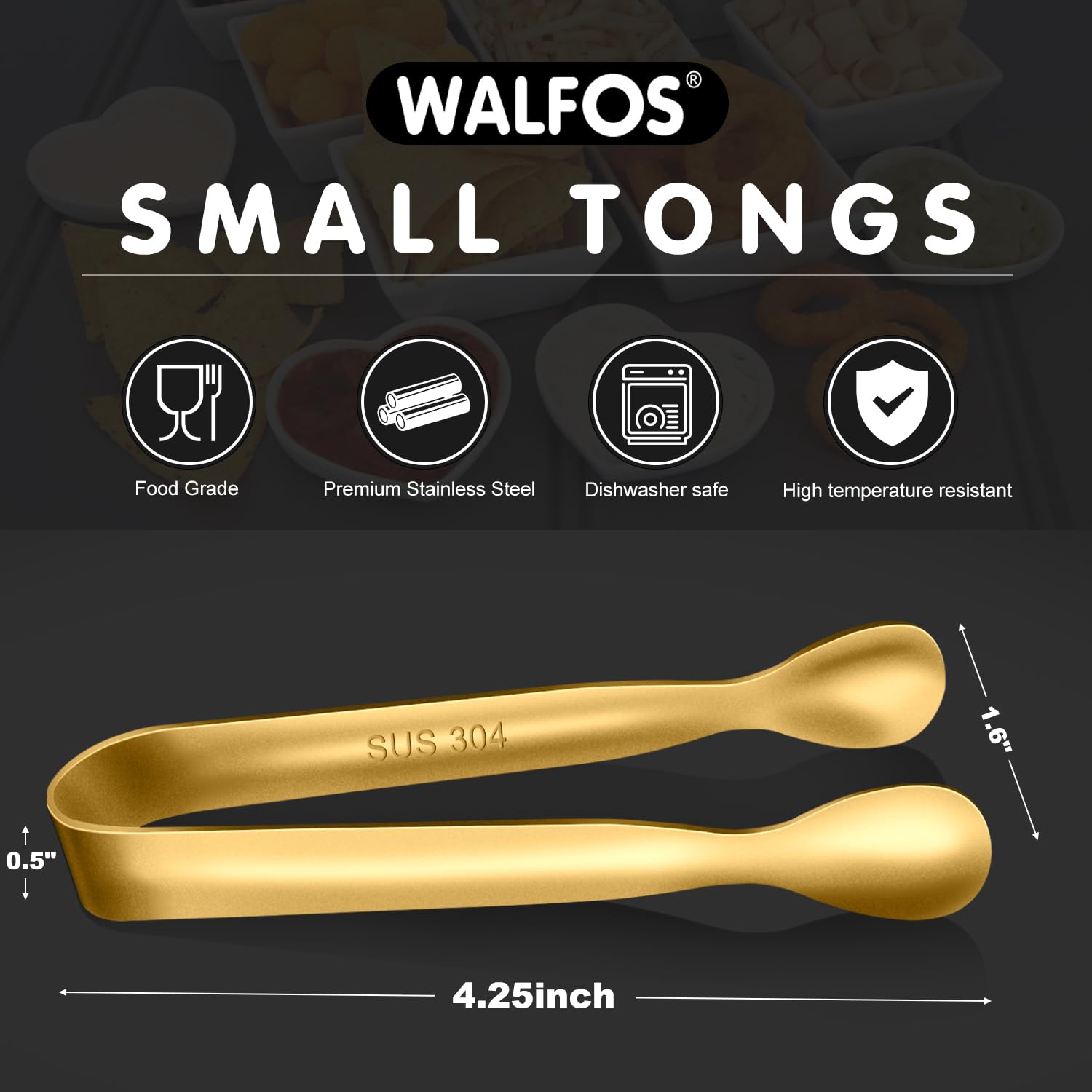 Walfos Small Gold Tongs For Serving Food Grade Stainless Steel 4'' Mini Tongs Appetizers for Parties Catering  Sugar Desserts Tea Party  Coffee Bar  Set of 12 (Gold)