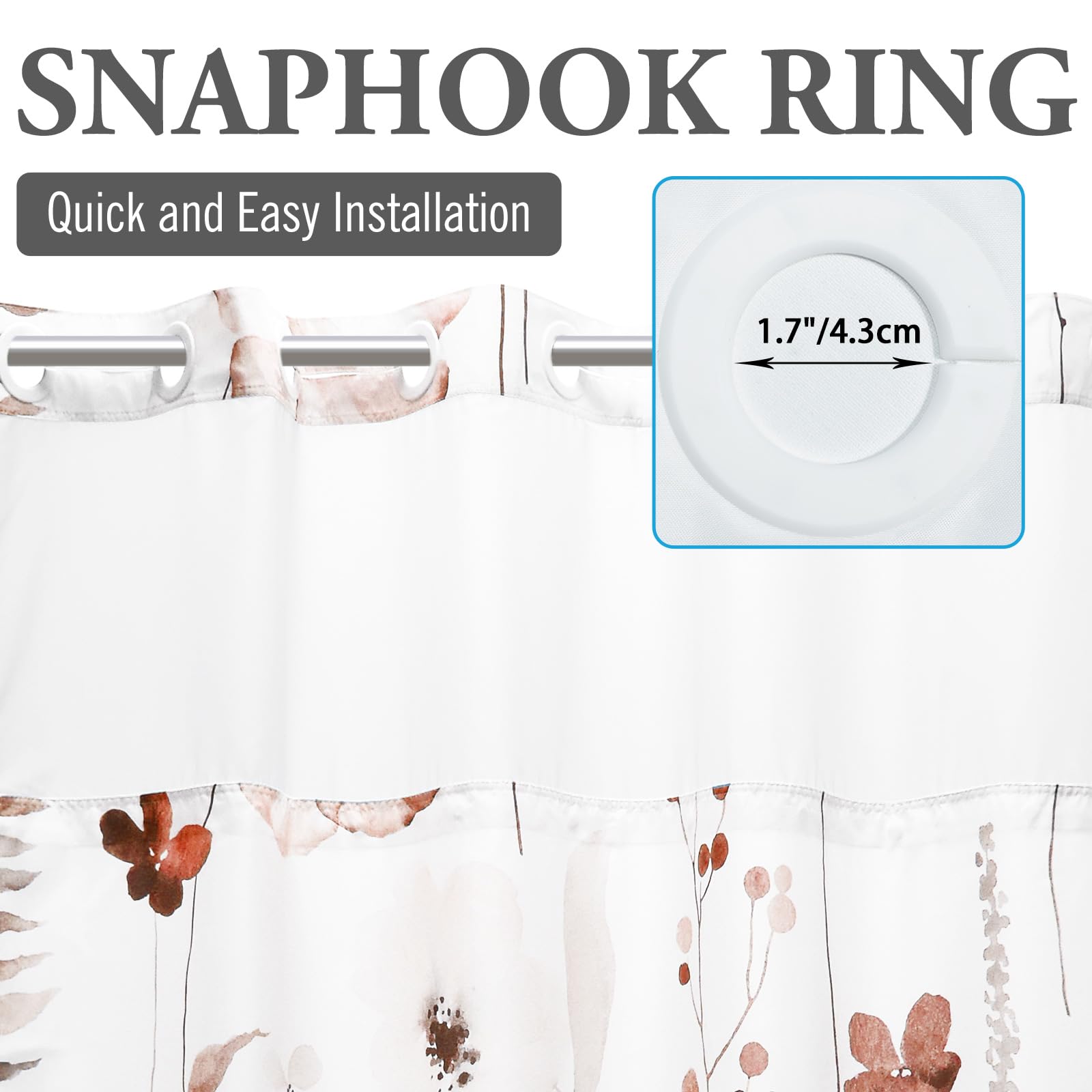 Withloc No Hook Shower Curtain With Snap In Liner - Floral Shower Curtain - Fabric Waterproof Inner Liner, Plants Watercolor Blu