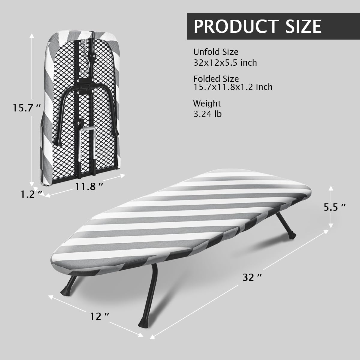 Sheechung Small Ironing Board 12''X32'' Foldable Ironing Board With Cotton Cover And Pad,Tabletop Compact Ironing Broad With Ret