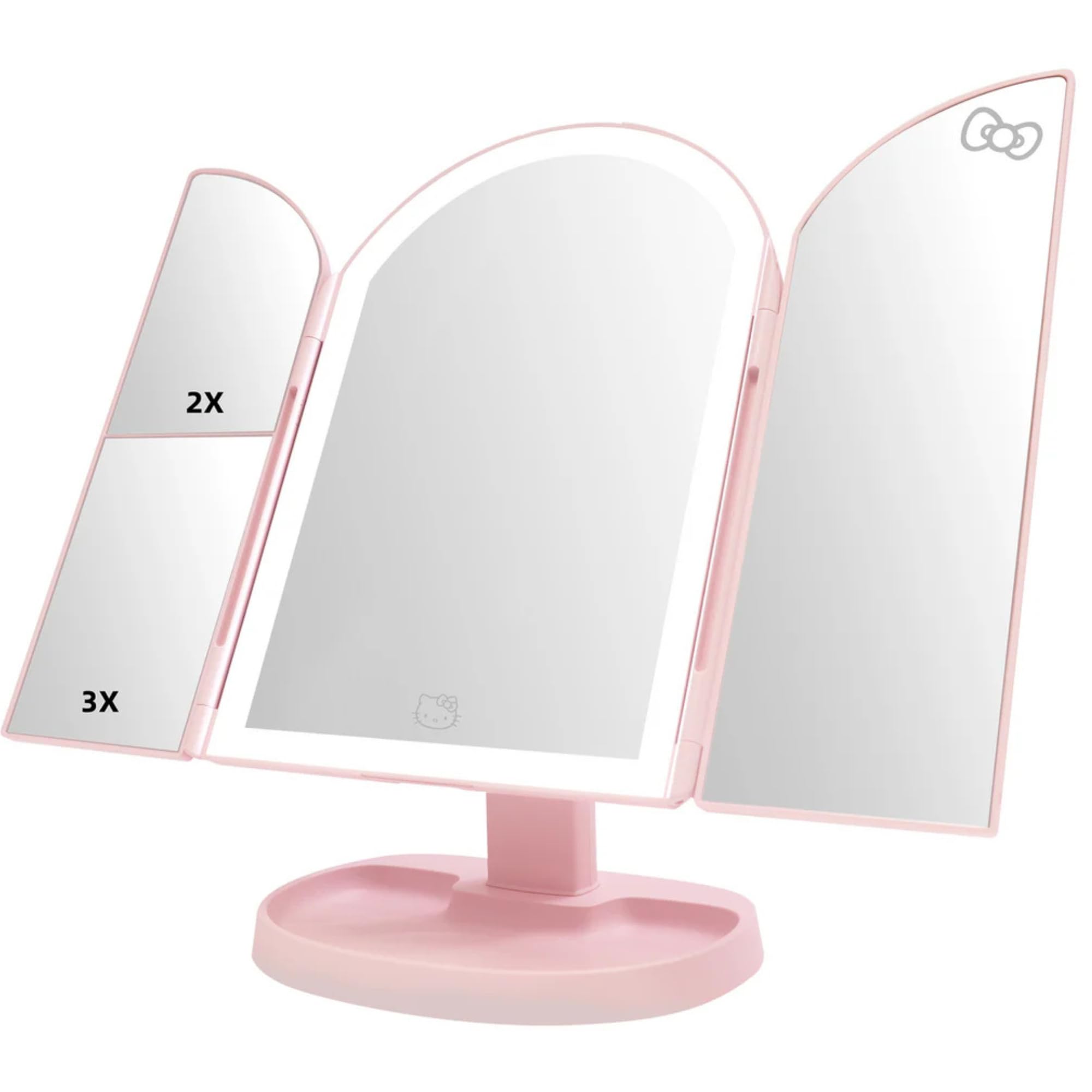Impressions Vanity Hello Kitty Bow Arch Trifold LED Makeup Mirror for Desk, 3 Way View Foldable Vanity Mirror with Lights, 2X an