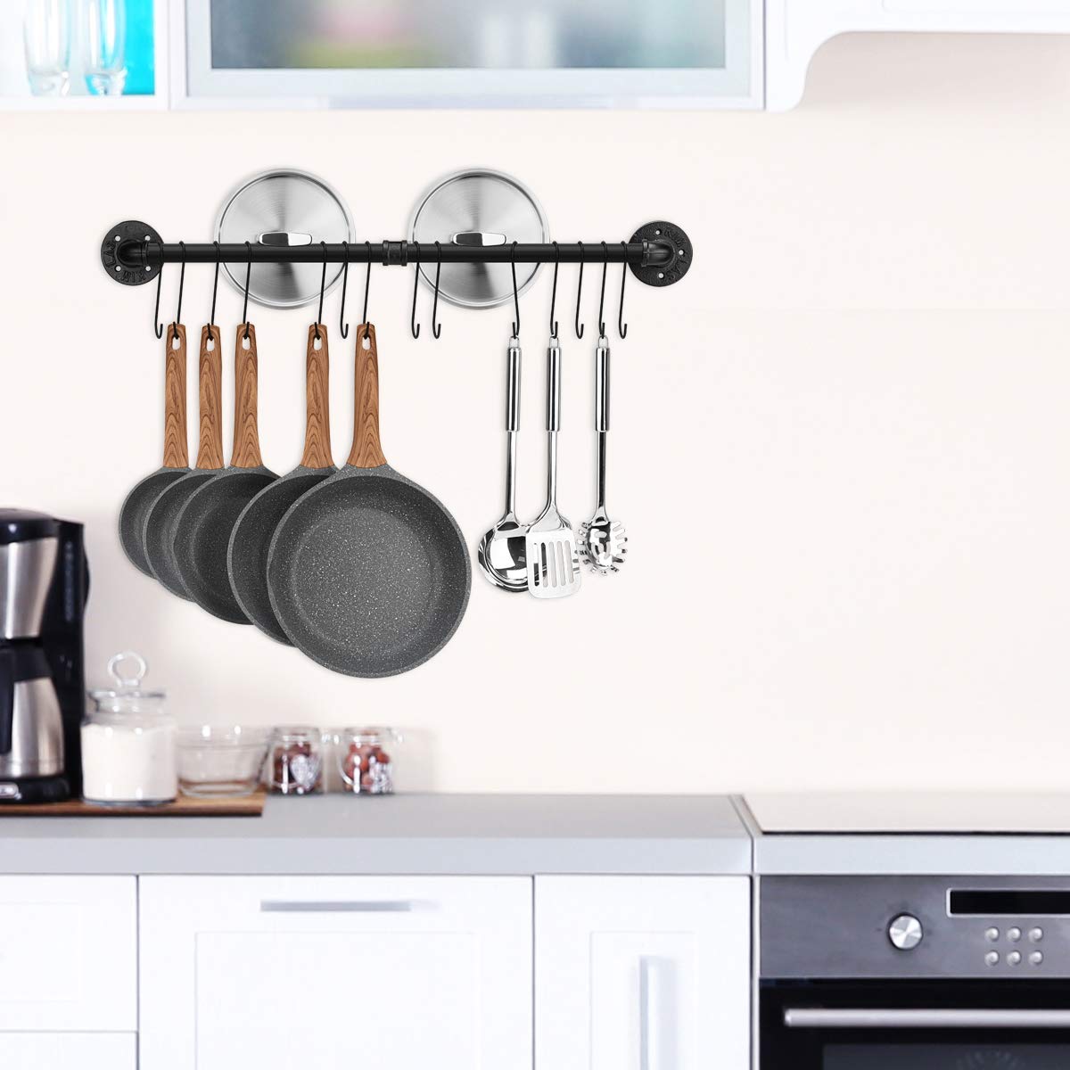 Toplife 31.5" Black Iron Pot Rack - Wall Mounted Kitchen Organizer with 14 Hooks, Model ZWJ