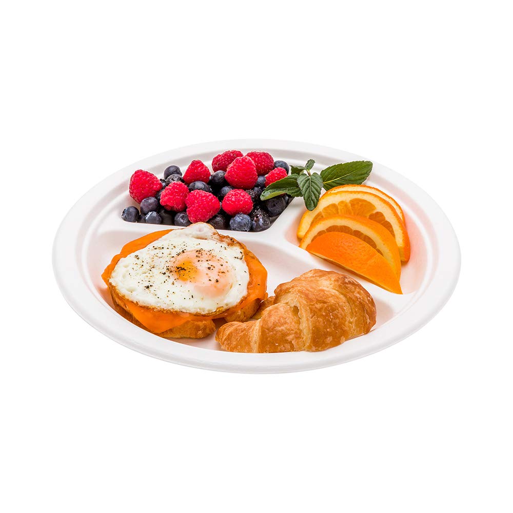 Restaurantware Bagasse Three Compartment Plate Round Compartment Plate Party Plate - 10'' - Durable All Natural Premium Disposab