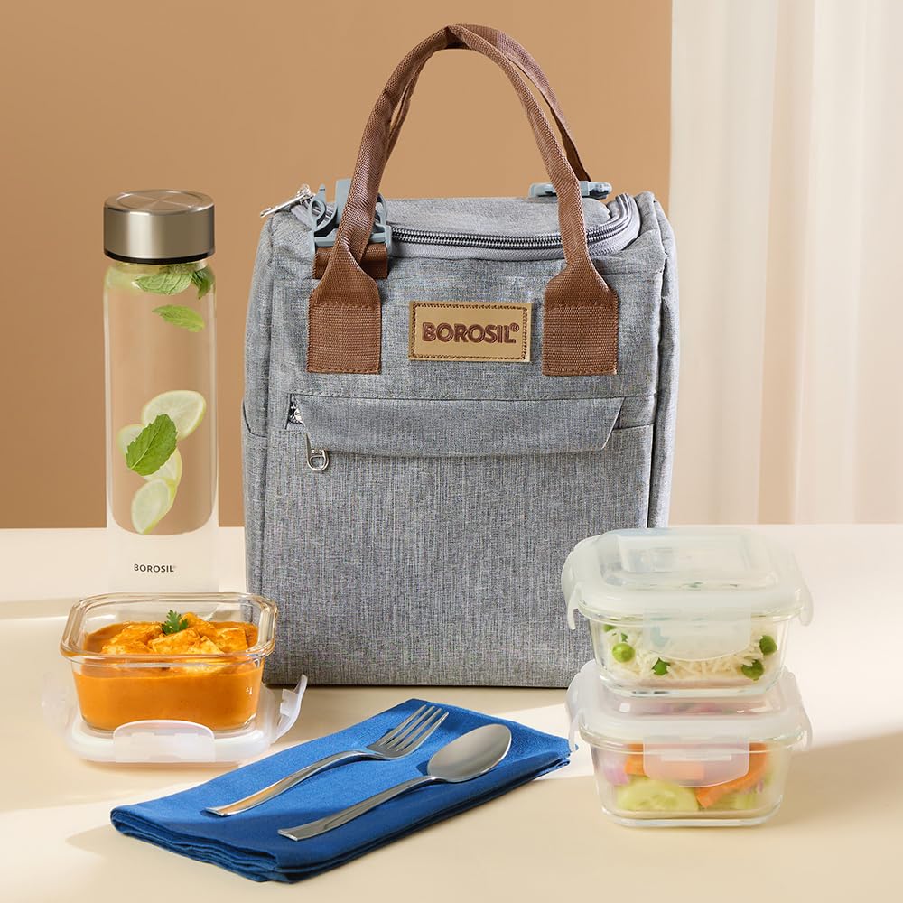 Borosil 7Pc Borosilicate Glass Lunchbox | 3Pc Contianer + 1 (550Ml) Glass Bottle + Fork & Spoon Set With Mat | Microwave & Dishw