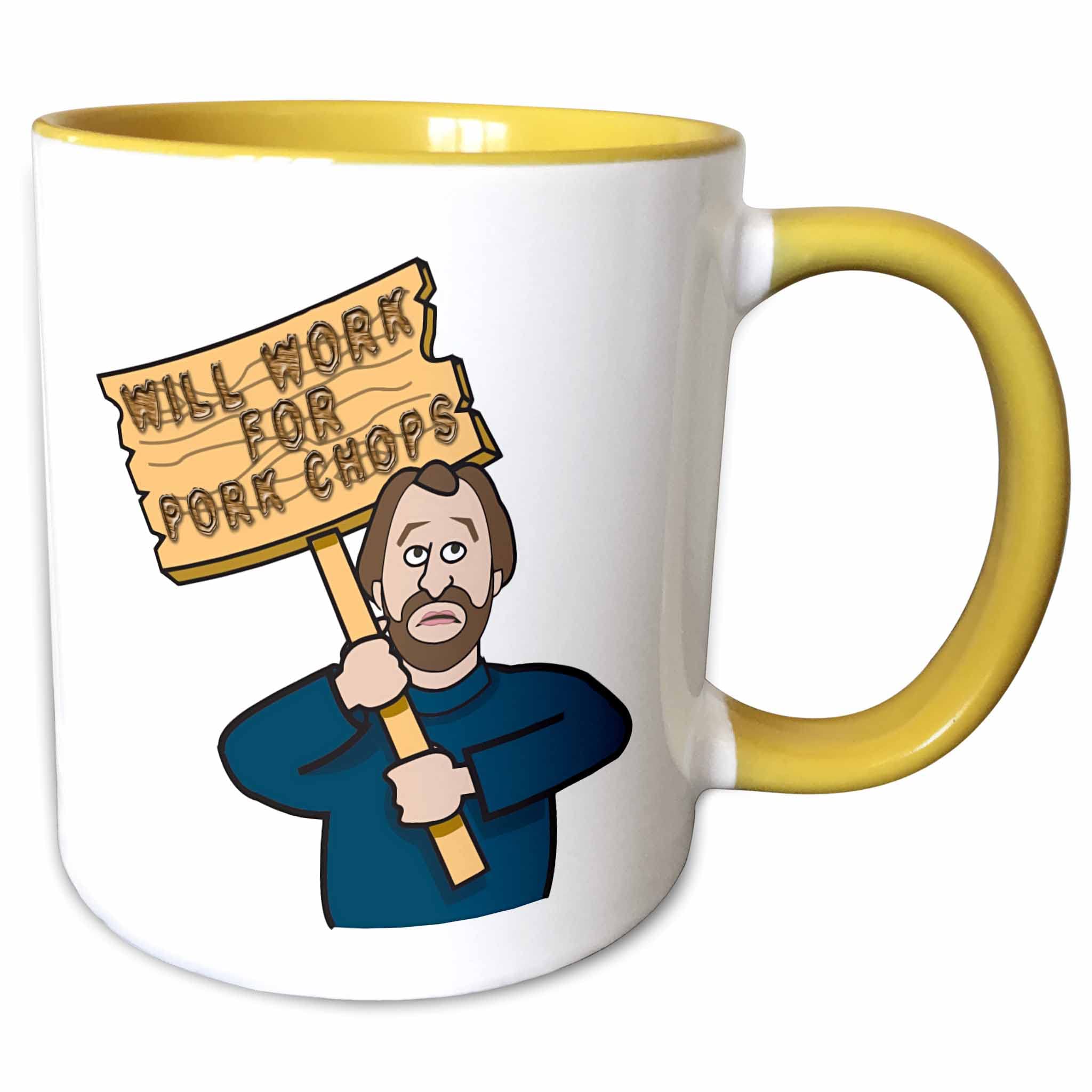 3dRose Funny Humorous Man Guy With A Sign Will Work For Pork Chops 15oz Two-Tone Yellow Mug