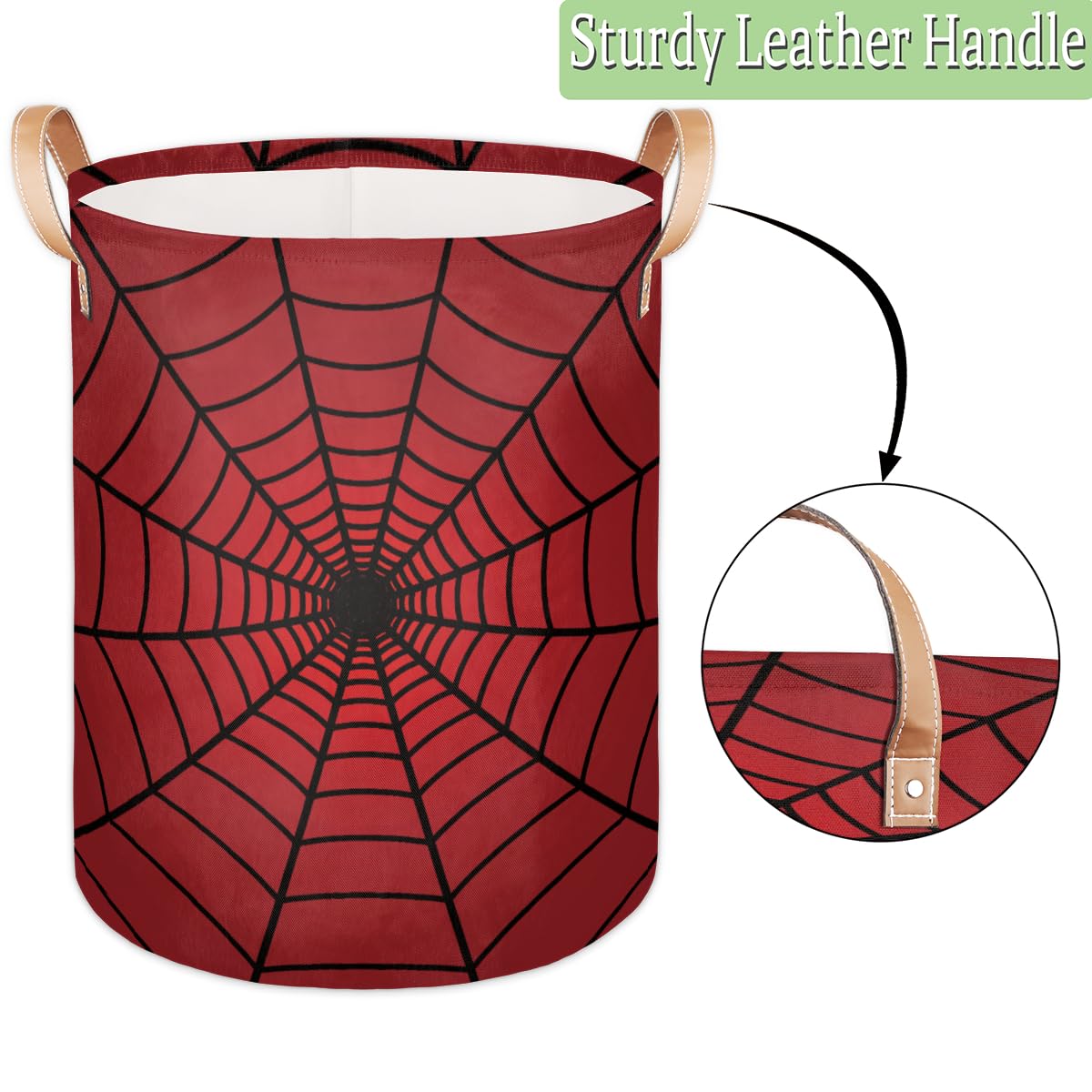 Large Laundry Hamper Basket Red Spider Web Round Freestanding Clothes Basket, Collapsible Storage Organizer Bin With Leather Han