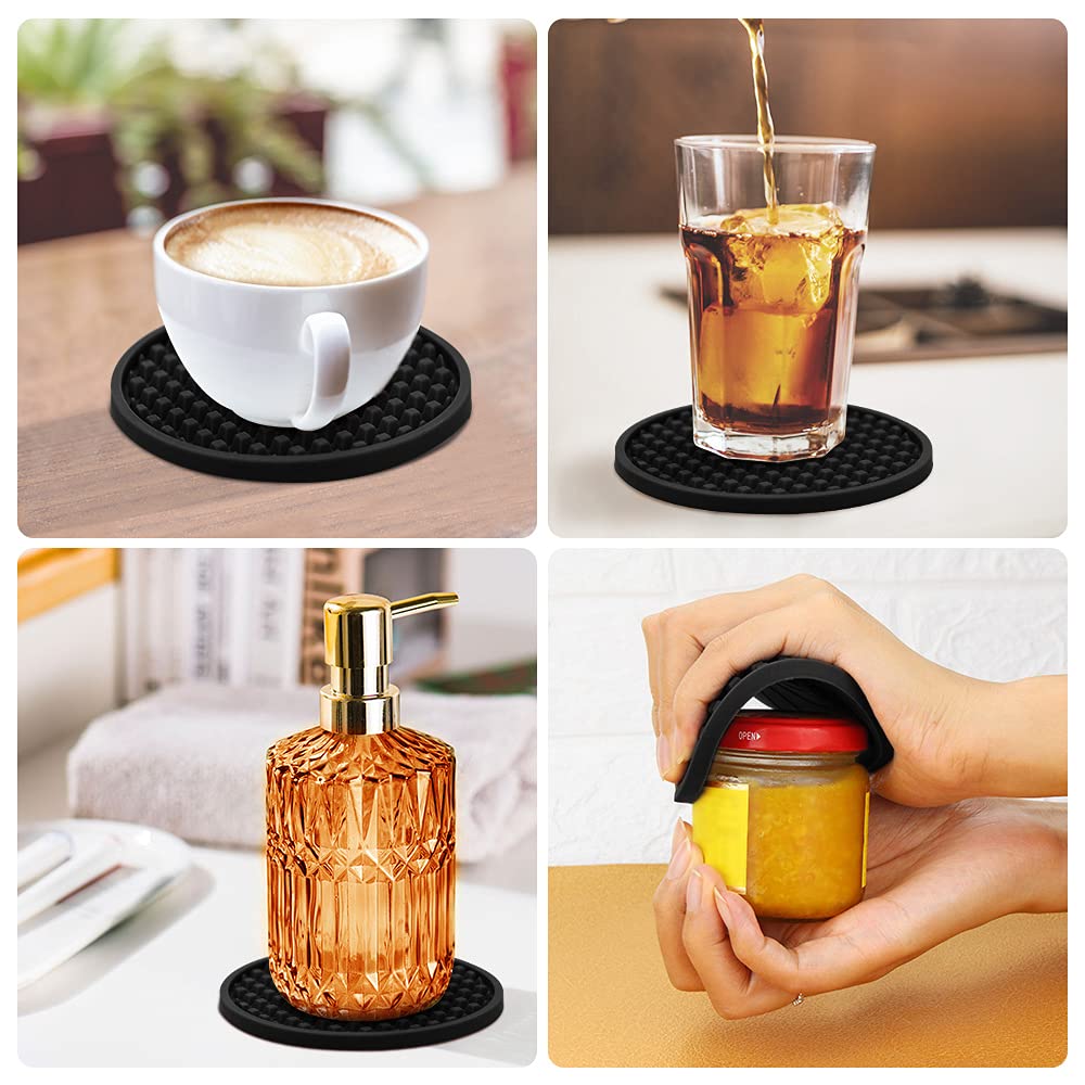 Coasters for Drinks Set of 8  EAGMAK Silicone Drink Coasters with Grooved Pattern  Non-Slip Base  Washable and Heat Resistant Coffee Coasters for Wooden Table  Desk  Kitchen  Office  Bar-Black