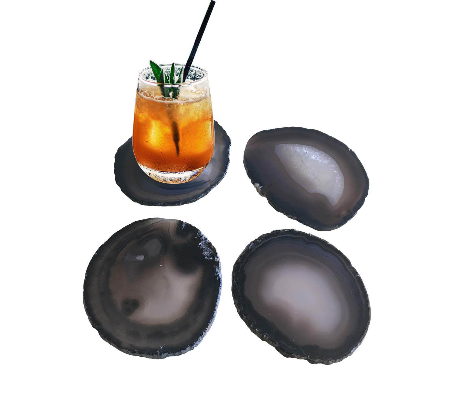 Amoystone Agate Coaster Geode Natural Black Stone Coaster Rock Beverage Cup Mat Set Of 4, Large 4-4.5''
