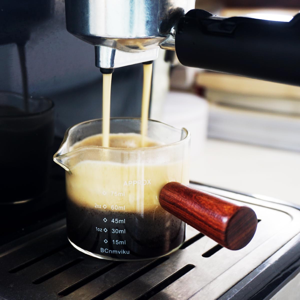 2 Pcs Double Spouts Measuring Triple Pitcher Milk Cup With Wood Handle 75Ml Espresso Shot Glasses Parts Clear Glass By Bcnmviku