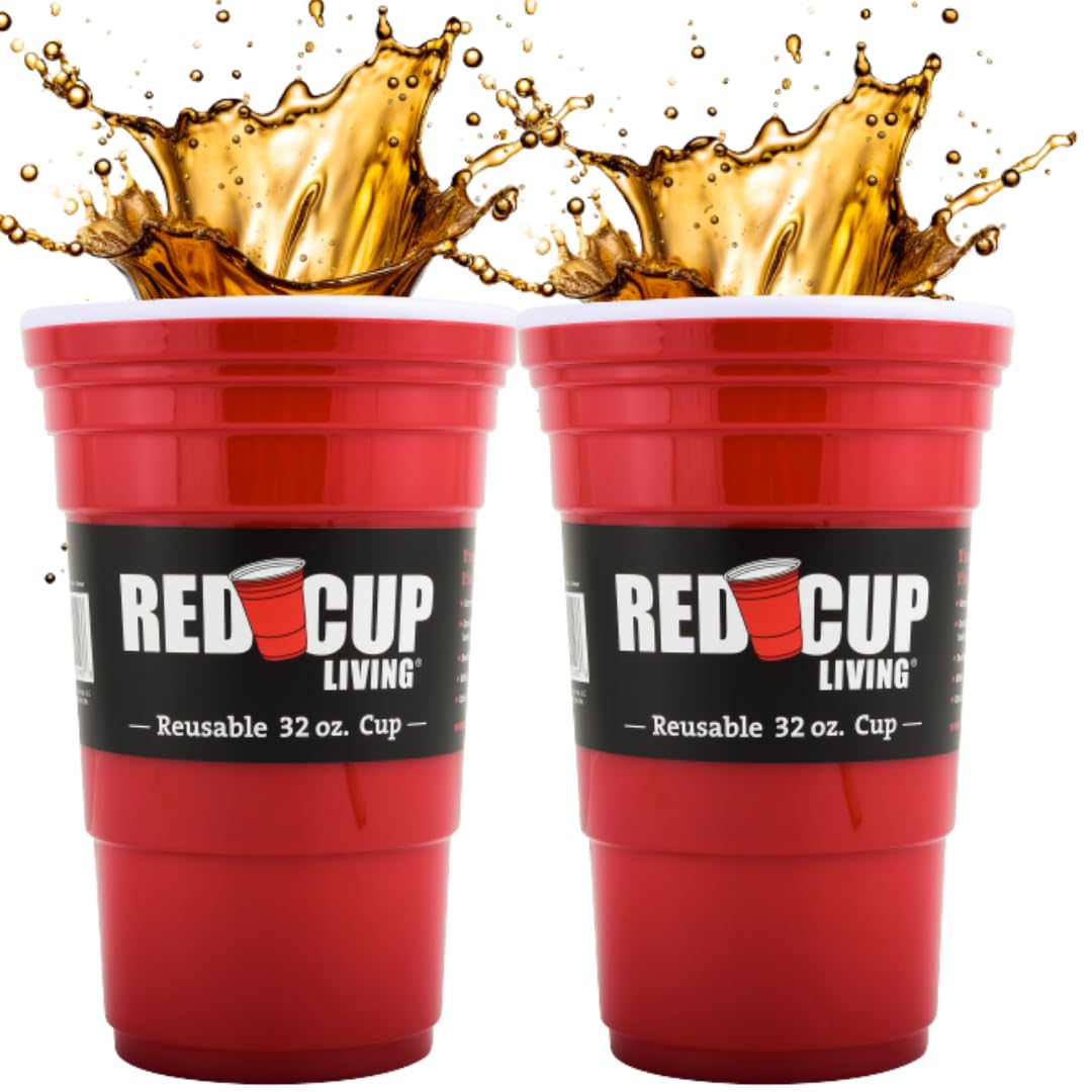 Red Cup Living Set Of 2 -32 Oz Reusable Party Mug, Glass & Tumbler | Ideal For Kids & Adults, Reusable Drinking Supplies For Bir