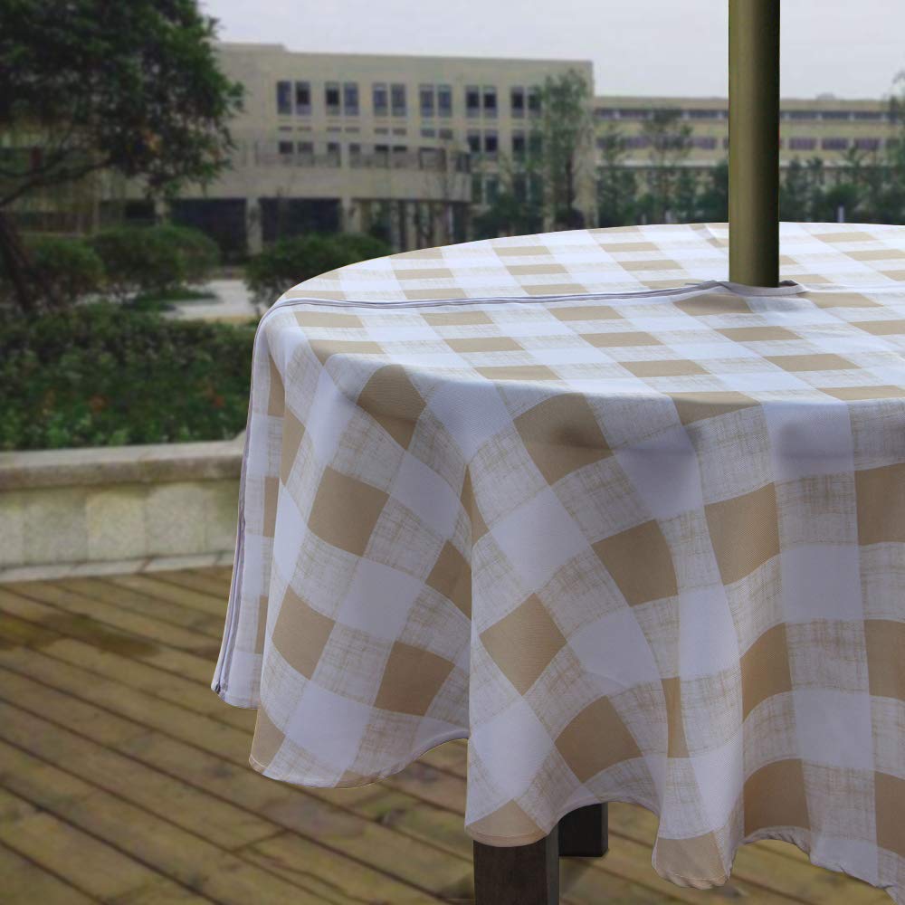 Melaluxe Spring/Summer Wrinkle-Free Waterproof Outdoor Tablecloth with Umbrella Hole and Zipper, Beige Checkered, 60-Inch-by-84 