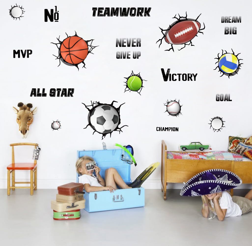 Yimehdan 3D Sport Balls Wall Decals, Football, Volleyball, Rugby, Basketball, Tennis Vinyl Wall Stickers, Removable Sports Break