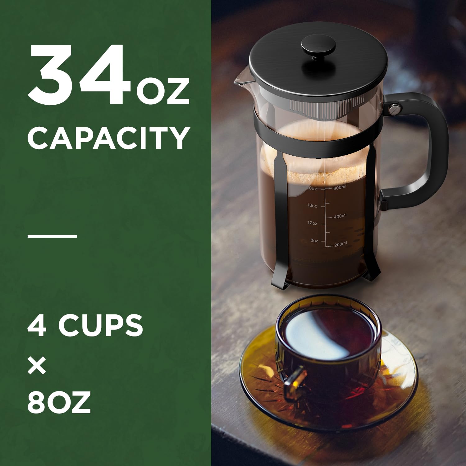 French Press Coffee Maker, 34 Ounce 1 Liter, Stainless Steel, Cold Brew Heat Resistant Borosilicate Glass Espresso Coffee & Tea