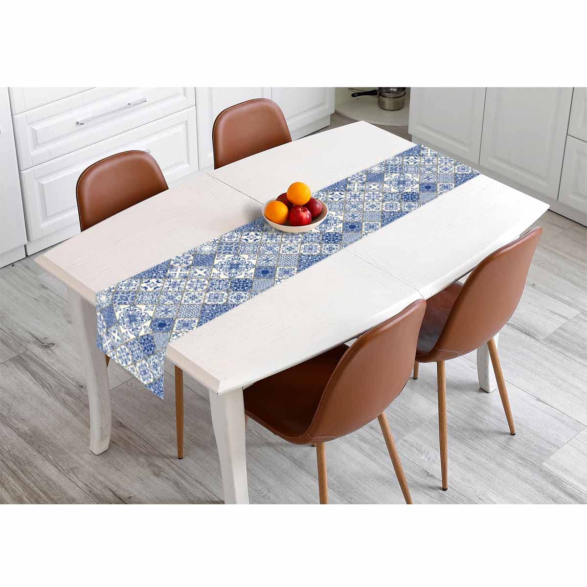 Hosnye Table Runner Blue White Patchwork Tile In Spanish Style,Cotton Linen Table Runner Decoration For Kitchen Family Dinner Ta
