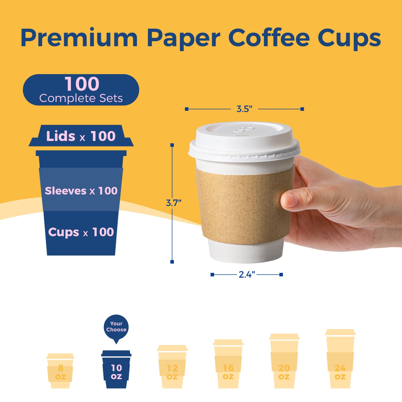 Fit Meal Prep 100 Pack 10 oz Coffee Cups with Lids and Kraft Sleeves  Premium Disposable Paper Coffee Cups  Durable Thickened To Go Hot Cups for Party  Hot Beverage  Chocolate  Tea  Cocoa