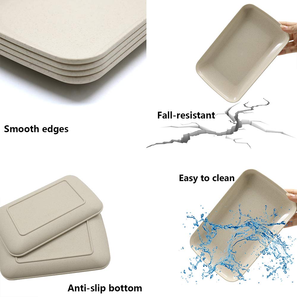 Roucerlin 4 Pack Big Rectangular Dinner Plates, Unbreakable Wheat Straw Plates, Reusable Durable Lightweight Salad Plate For Fru
