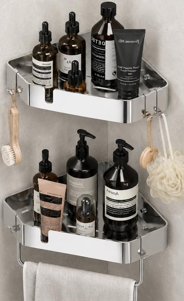 RoyalPro 2Pcs Bathroom Adhesive Corner Shelf Stainless Steel, NoDrill Adhesive Bathroom Organizer With Towel Rod & Hooks, Ustp