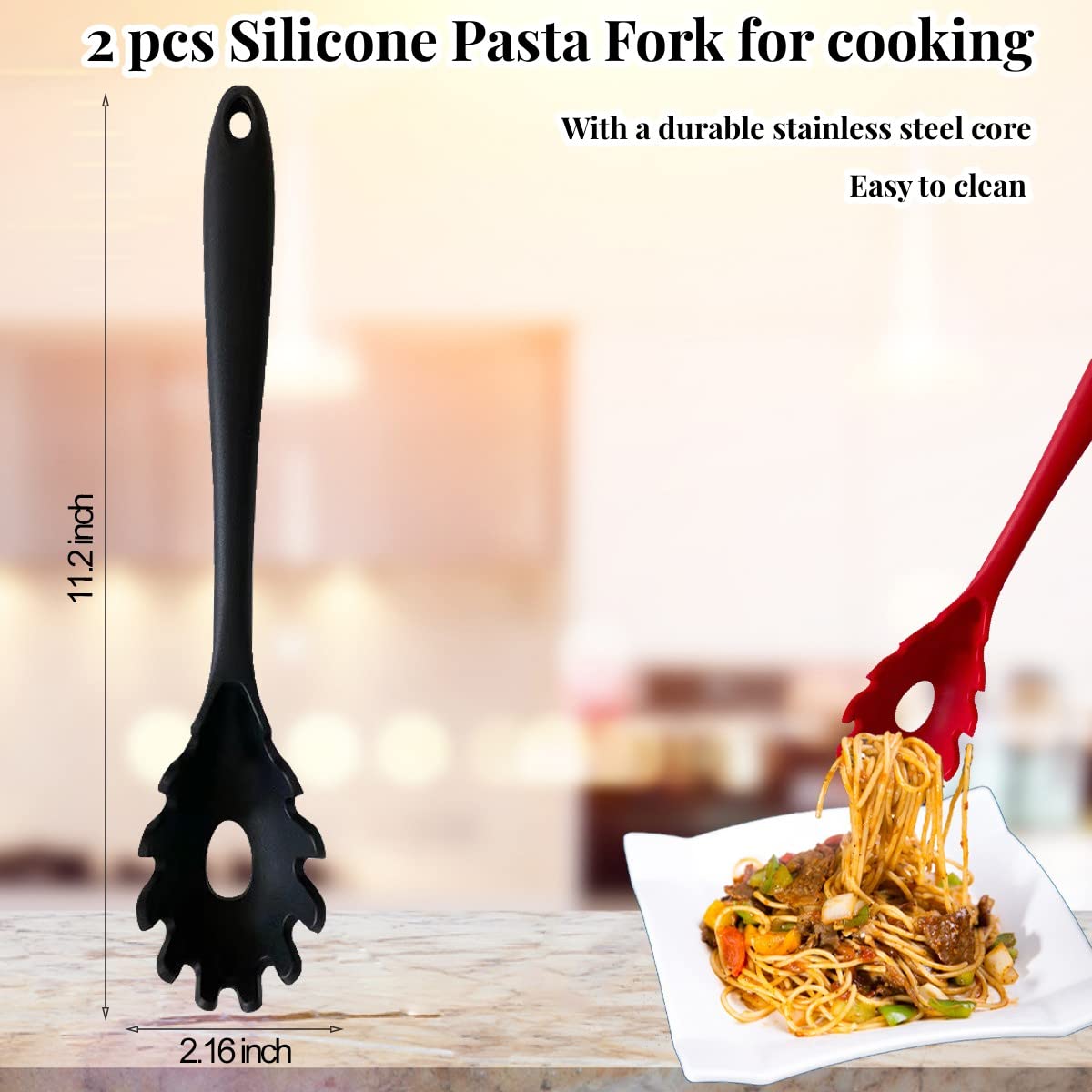 Silicone Pasta Fork, 2Pcs Spaghetti Spoon Pasta Fork High Heat Resistant 480F Hygienic Spaghetti Server Food Grade Pasta Spoon B