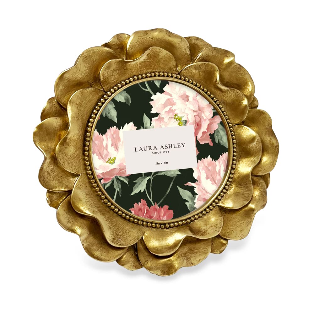Laura Ashley 4x4 Gold Round Resin Ornate Flower Design Picture Frame with Beaded Border, for Tabletop and Wall Display, Floral H