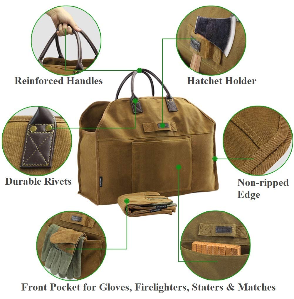 Inno Stage Firewood Log Carrier Bag Waxed Canvas Tote Holder With Fireplace Pure Leather Gloves For Hay Hauling Outdoor Camping,