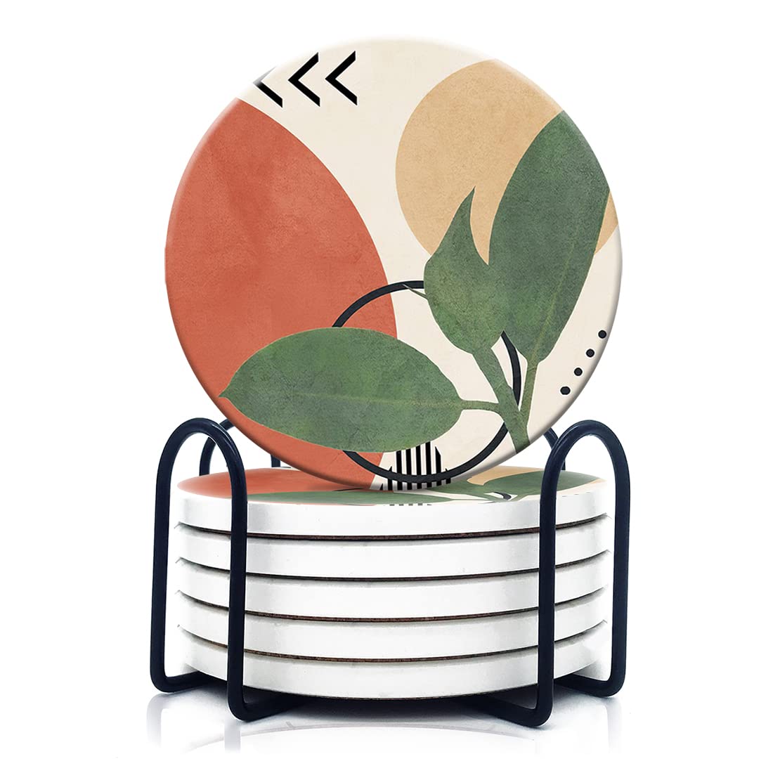 Hopony Coasters For Drinks,6 Pieces Ceramic Stone Coaster Set With Metal Holder Stand, Cork Base,Absorbent Cups Place Mats For H